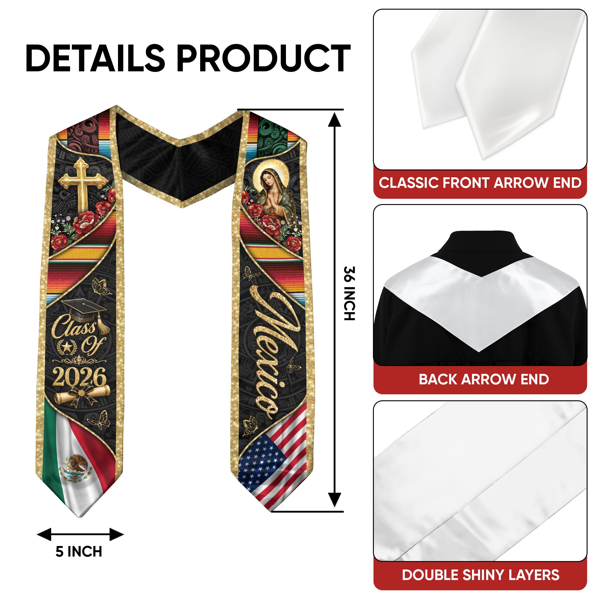 Mexico Stole Graduation 2026 Virgin Mary Cross Gold Glitter Mexican USA Flag Serape