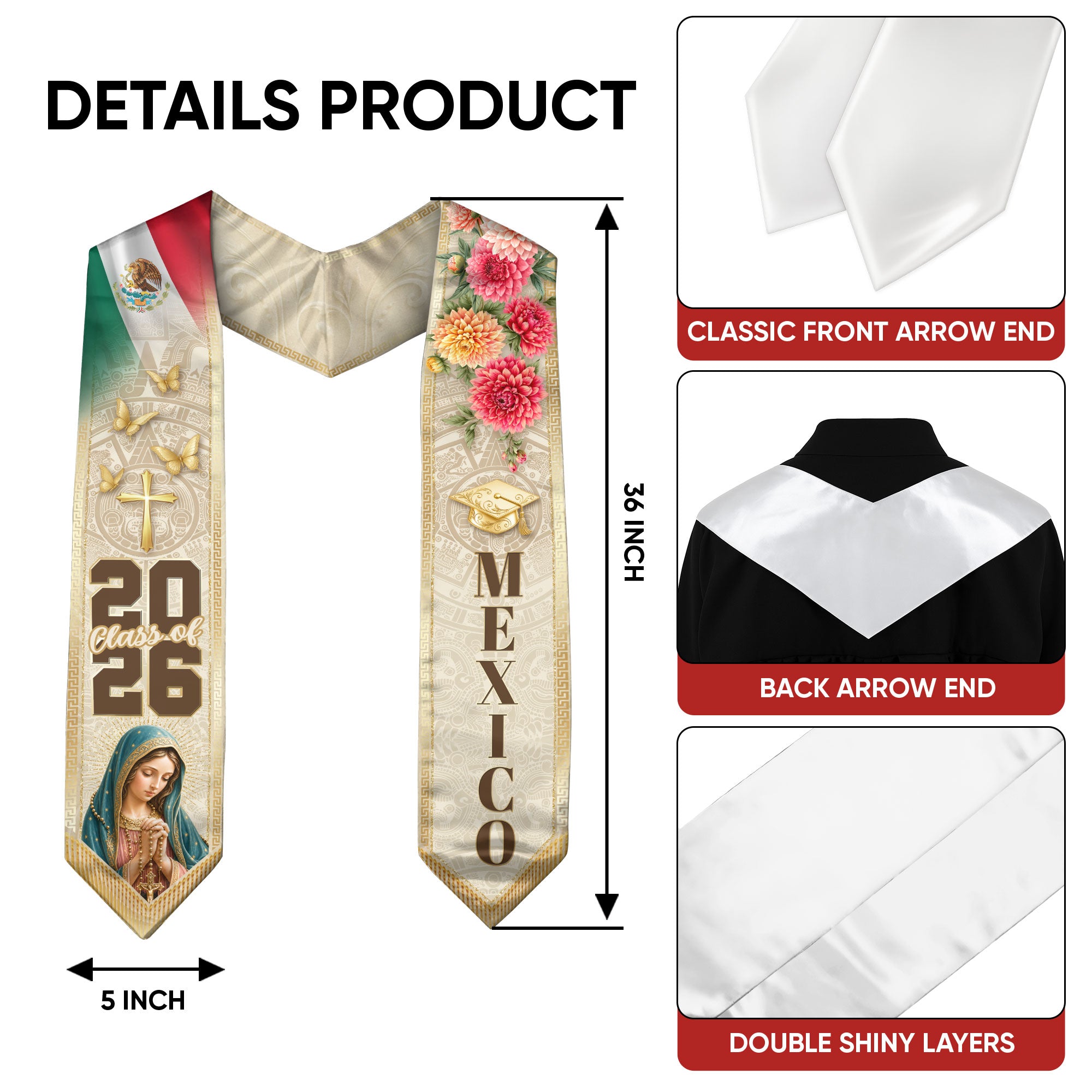 Mexico Graduation Stole Class of 2026 Virgin Mary Cross Cream Floral Dahlia Mexican Flag