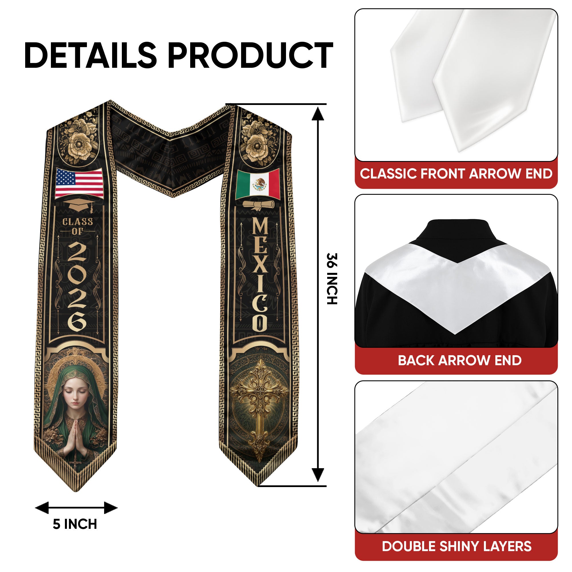 Mexico Graduation Stole Class of 2026 Virgin Mary Cross Gold Black Mexican USA Flag Sash