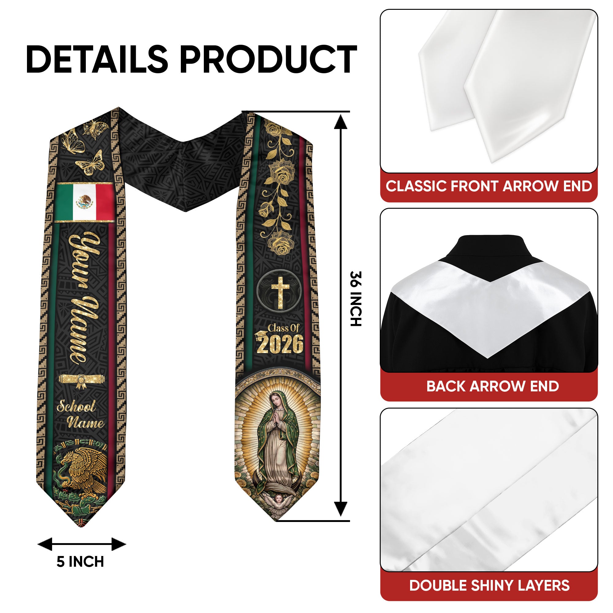 Mexico Graduation Stole 2026 - Personalized Virgin Mary Rose Butterfly Gold Sash