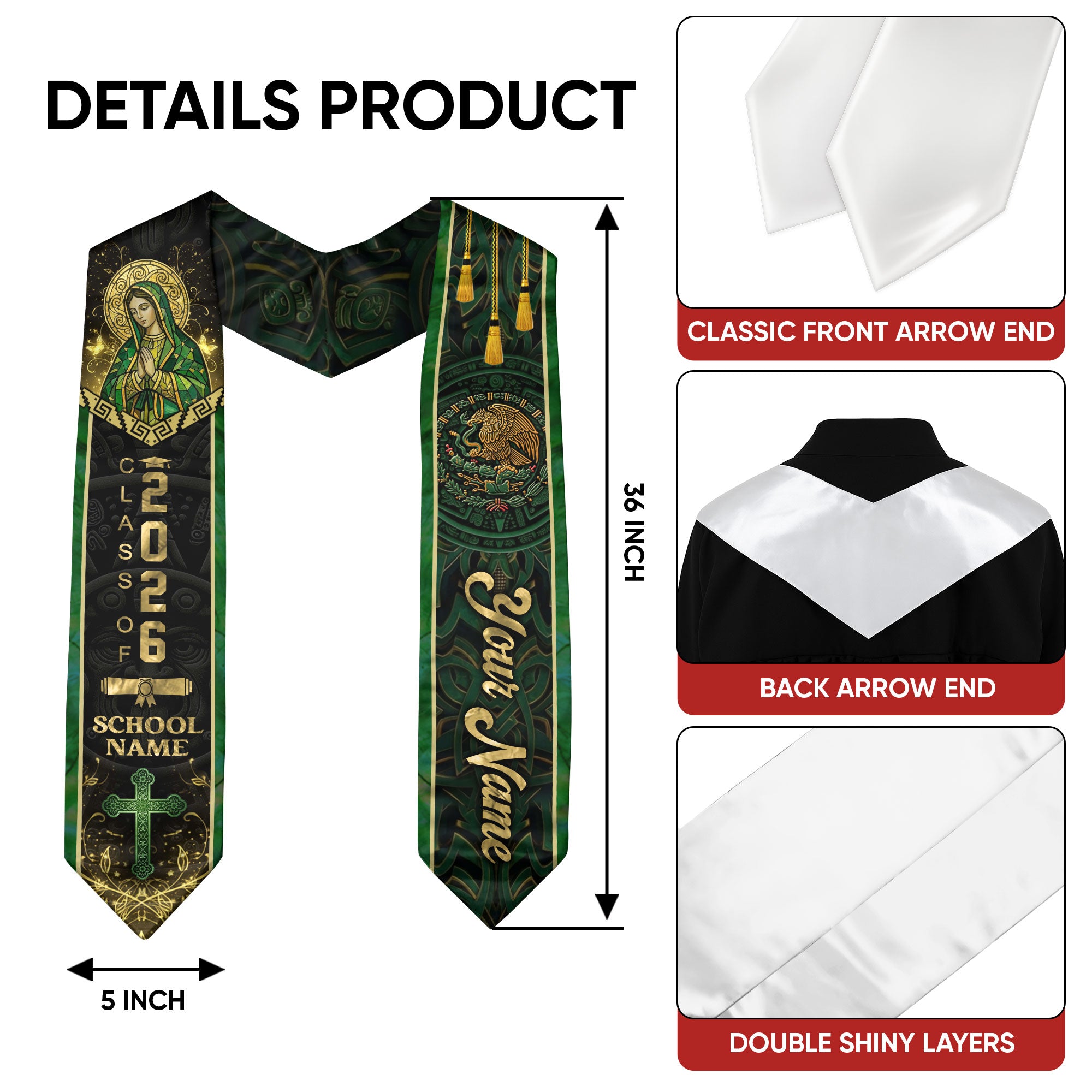 Mexican Heritage Graduation Stole 2026 - Custom Name Green Gold Virgin Mary Cross Sash