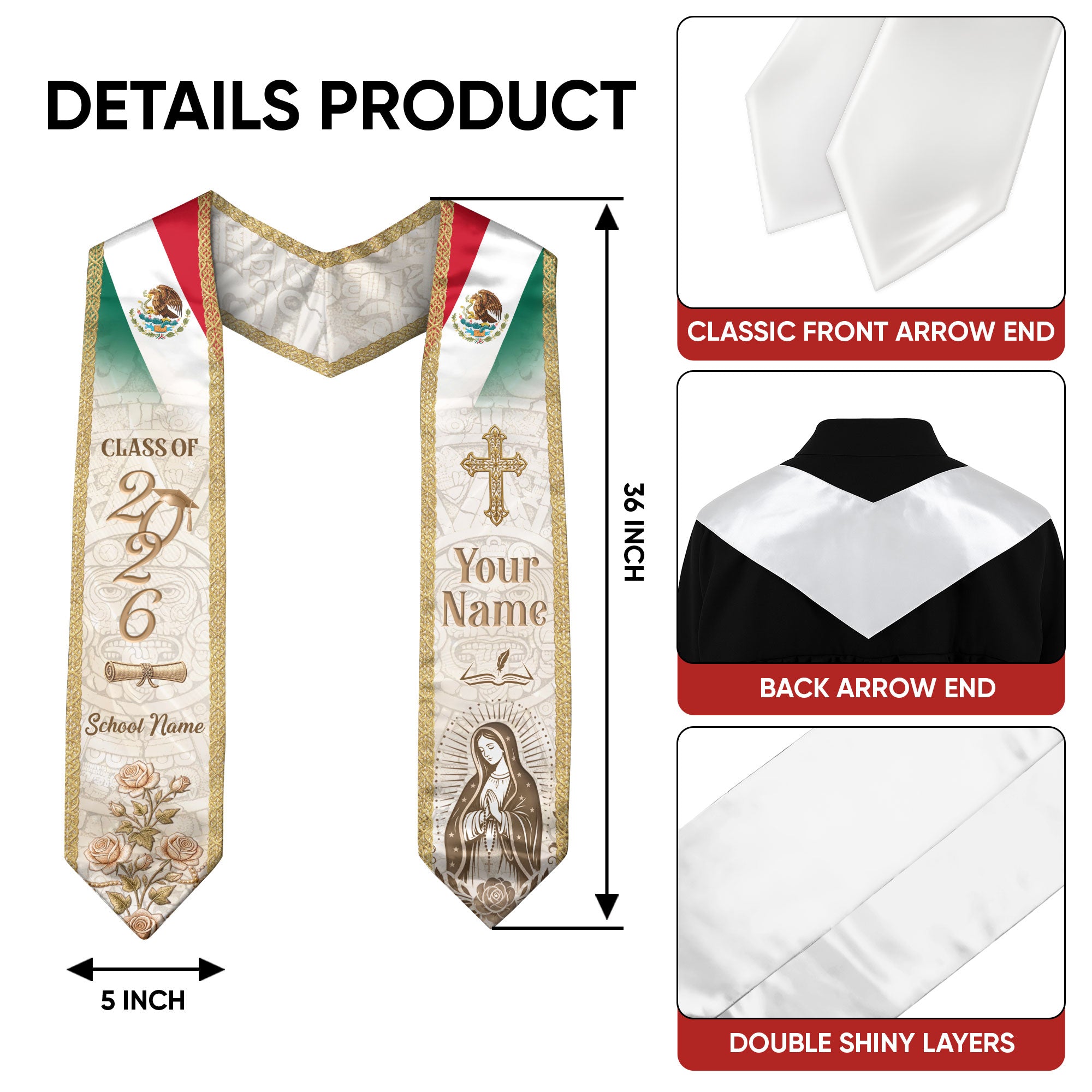 Mexico Graduation Stole Class of 2026 - Custom Name School Rose Virgin Mary