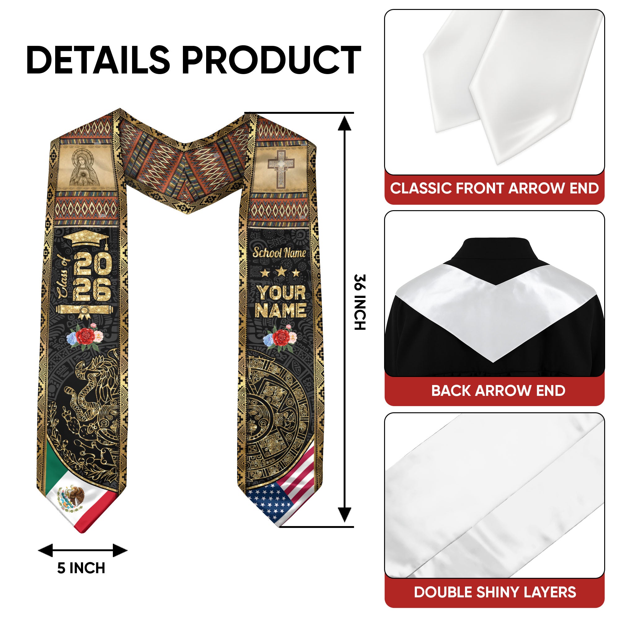 Mexico Graduation Stole 2026 Aztec Calendar Virgin Mary Personalized Sash Gift