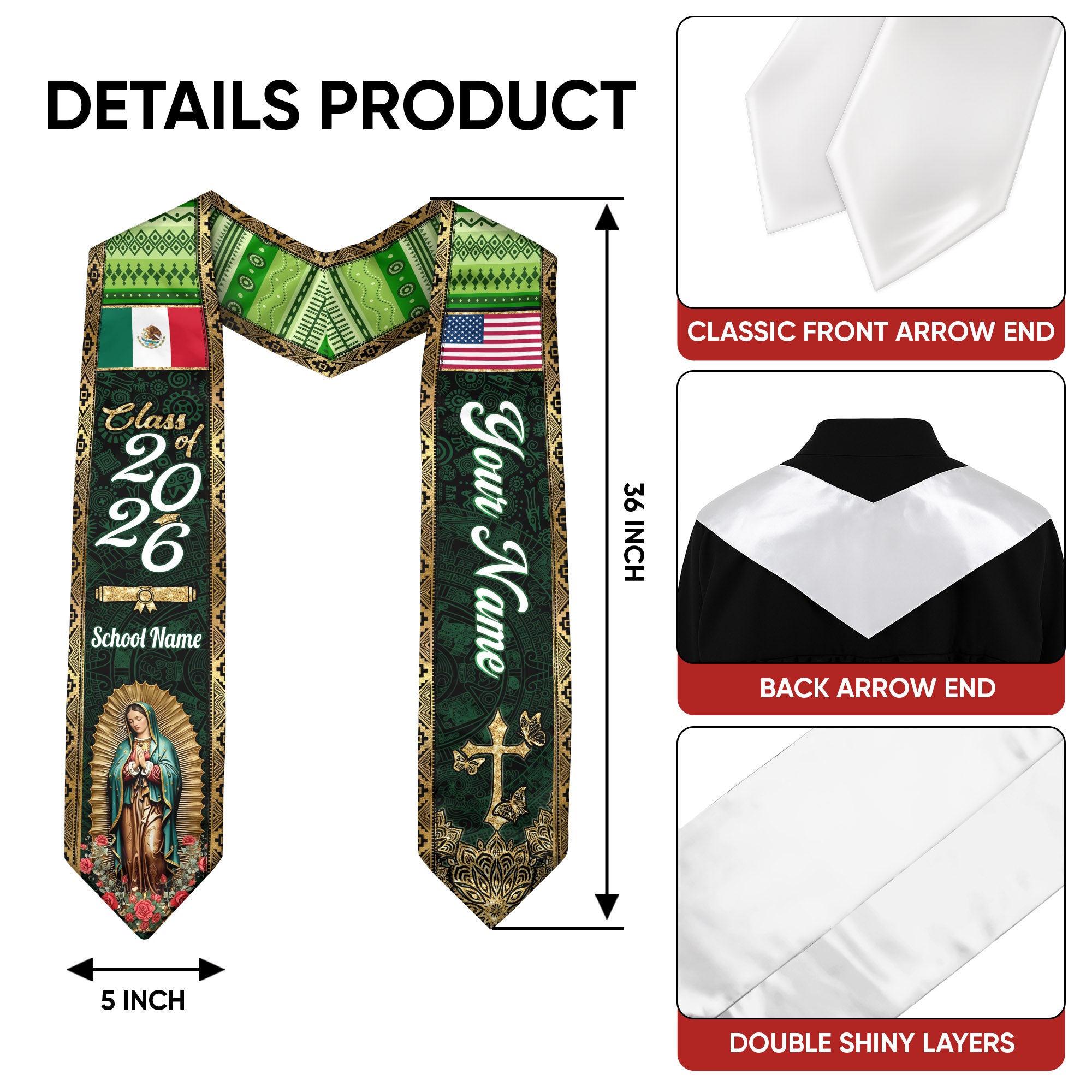 Mexico Graduation Stole 2026 Emerald Green Virgin Mary Personalized Mexican Sash
