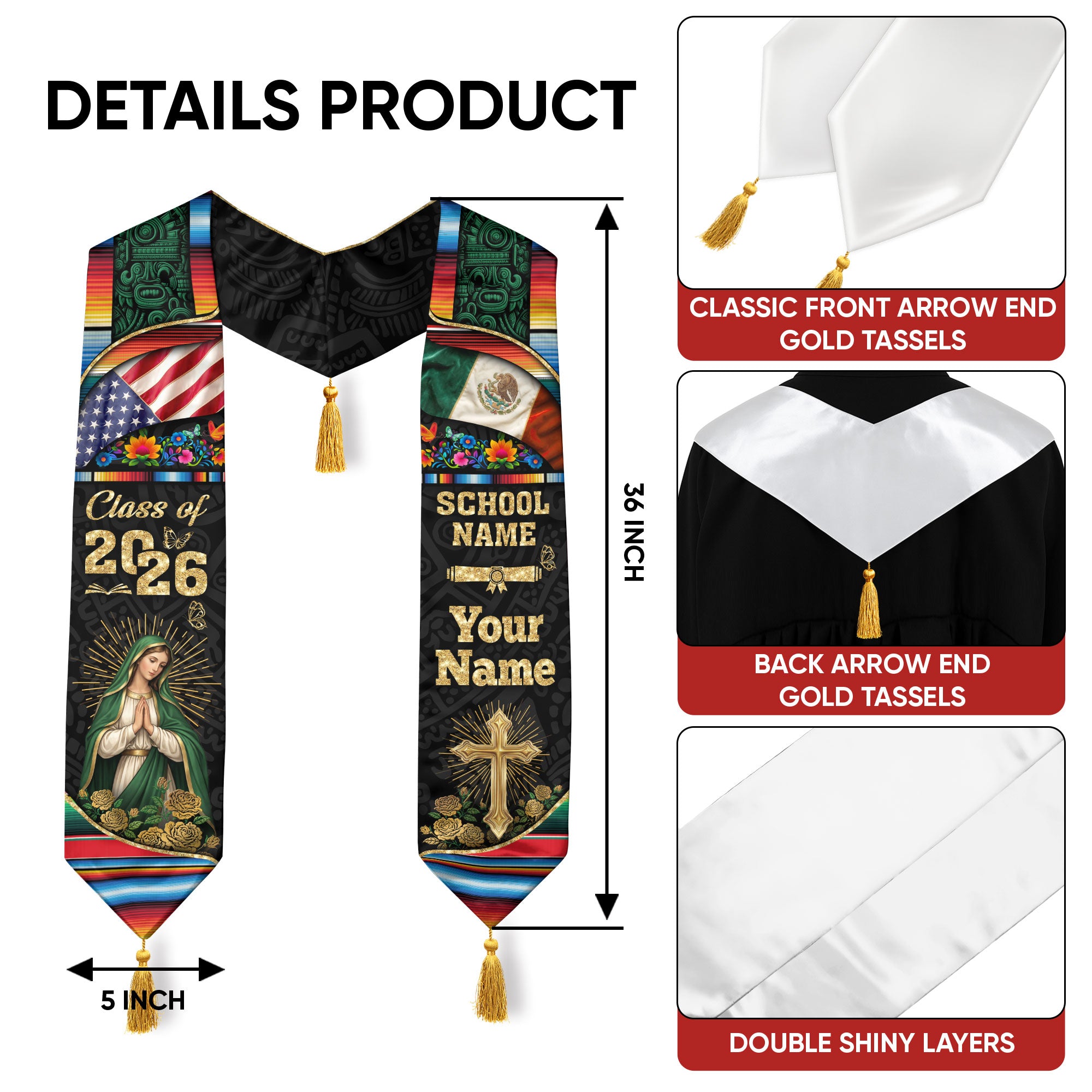 Custom Mexican American Graduation Stole Class of 2026 Our Lady of Guadalupe Mexico Tassel Sash