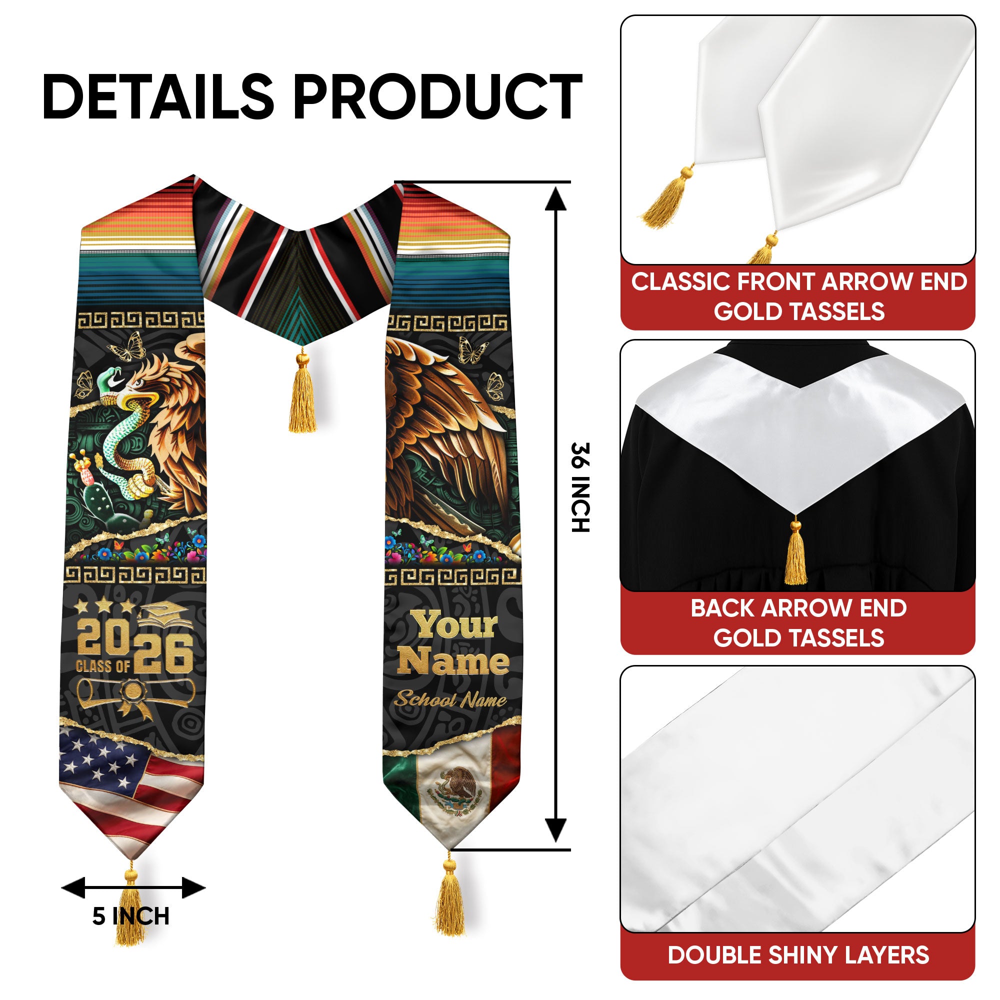 Custom Aztec Eagle Mexico Graduation Stole Tassel Class of 2026 Mexican American Sash