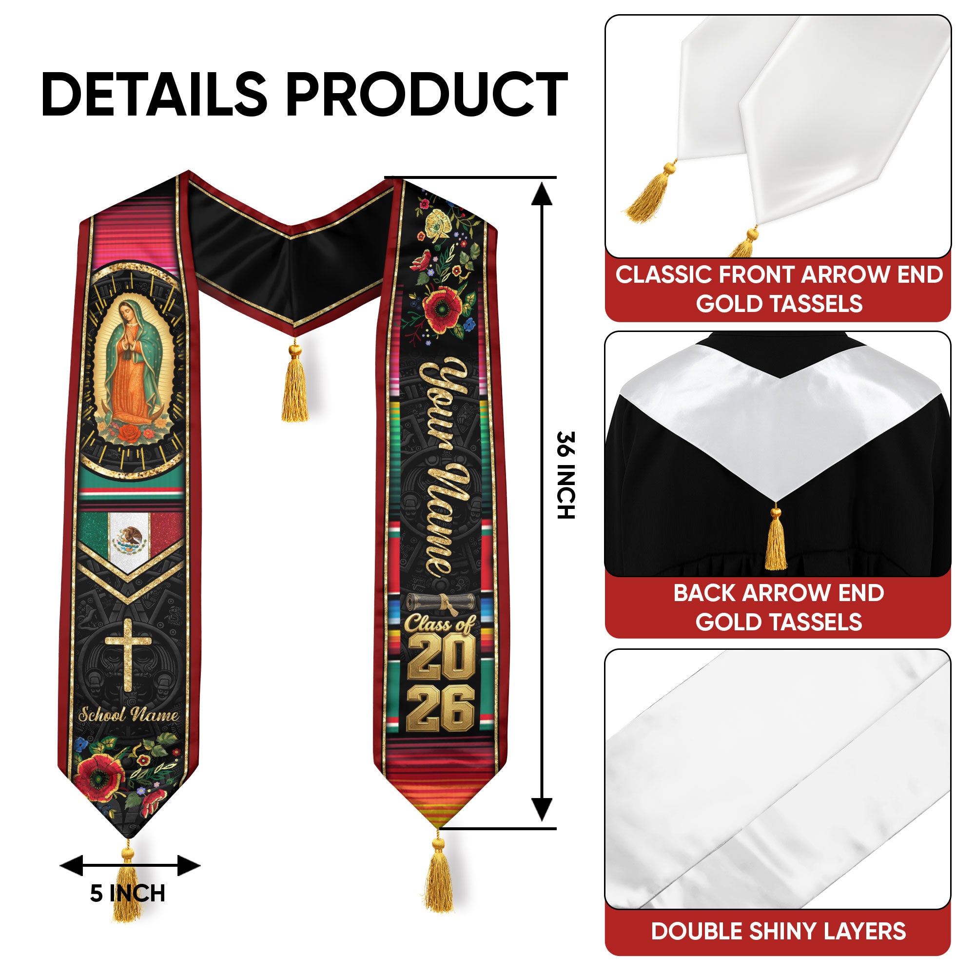 Custom Our Lady of Guadalupe Graduation Stole Tassel Class of 2026 Mexico Burgundy Sash
