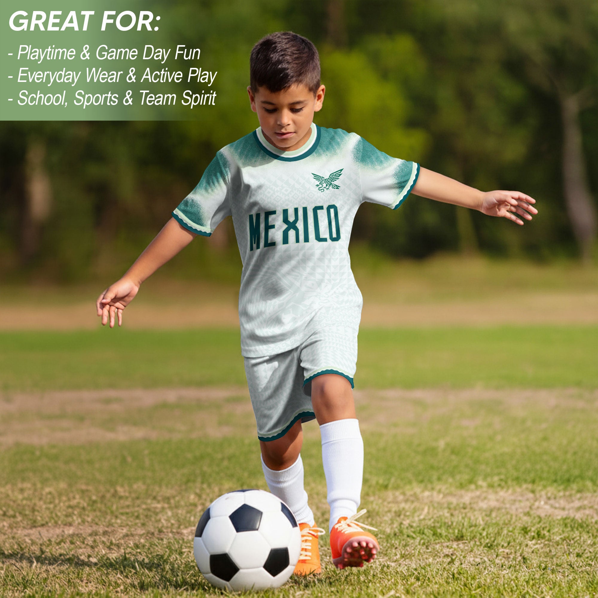 Mexico Soccer Jersey Kids Aztec Eagle Pattern White Youth Football Shirt Fan Sportswear