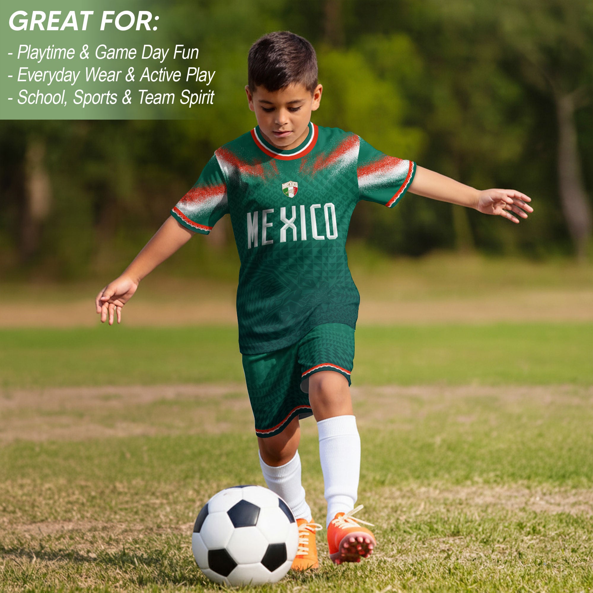 Mexico Soccer Jersey Kids Aztec Pattern Tricolor Green Youth Football Shirt Fan Tee