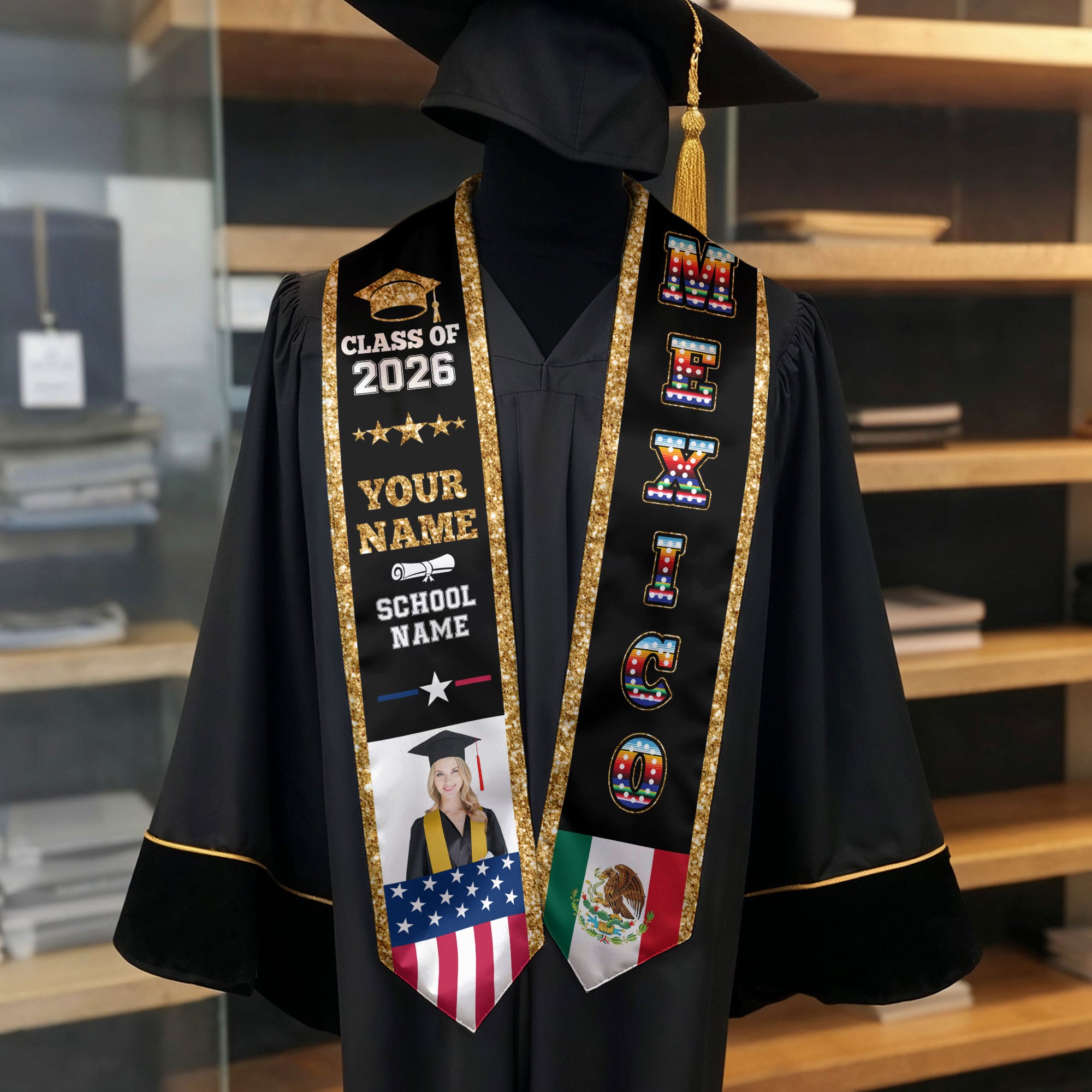 Custom Photo Mexican Graduation Sash 2026, Personalized Mexico Stole for Graduate