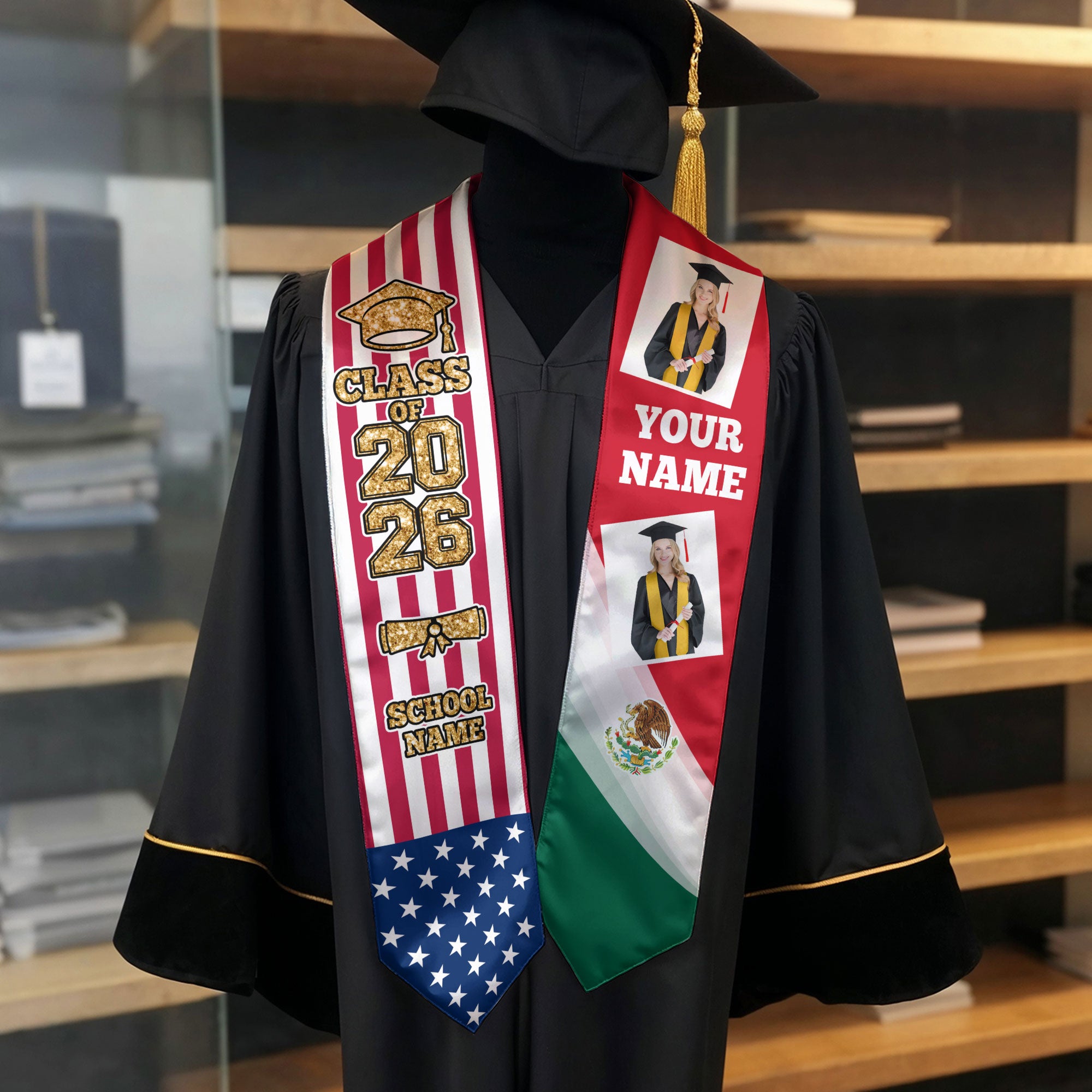 Custom Mexican Graduation Sash 2026 for Graduate, Personalized Mexico Stole with Photo