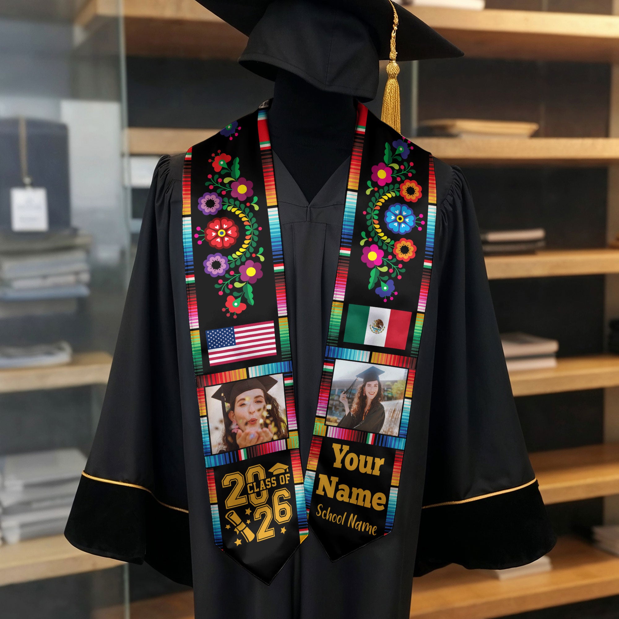 Personalized Mexico Graduation Sash 2026, Custom Photo Mexican Stole for Graduate