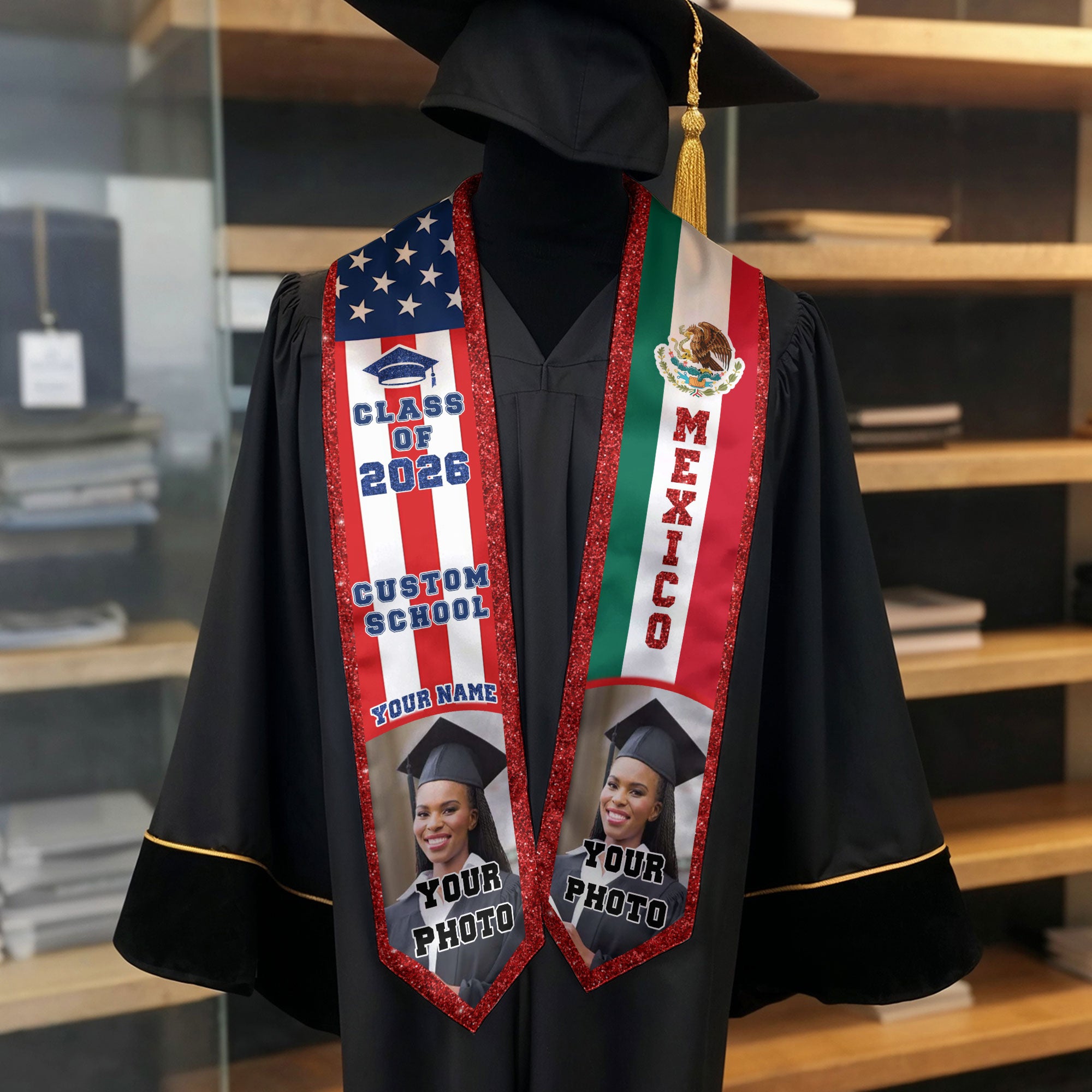 Custom Mexican Graduation Stole 2026 USA Mexico Flag Photo Class Cap School Name