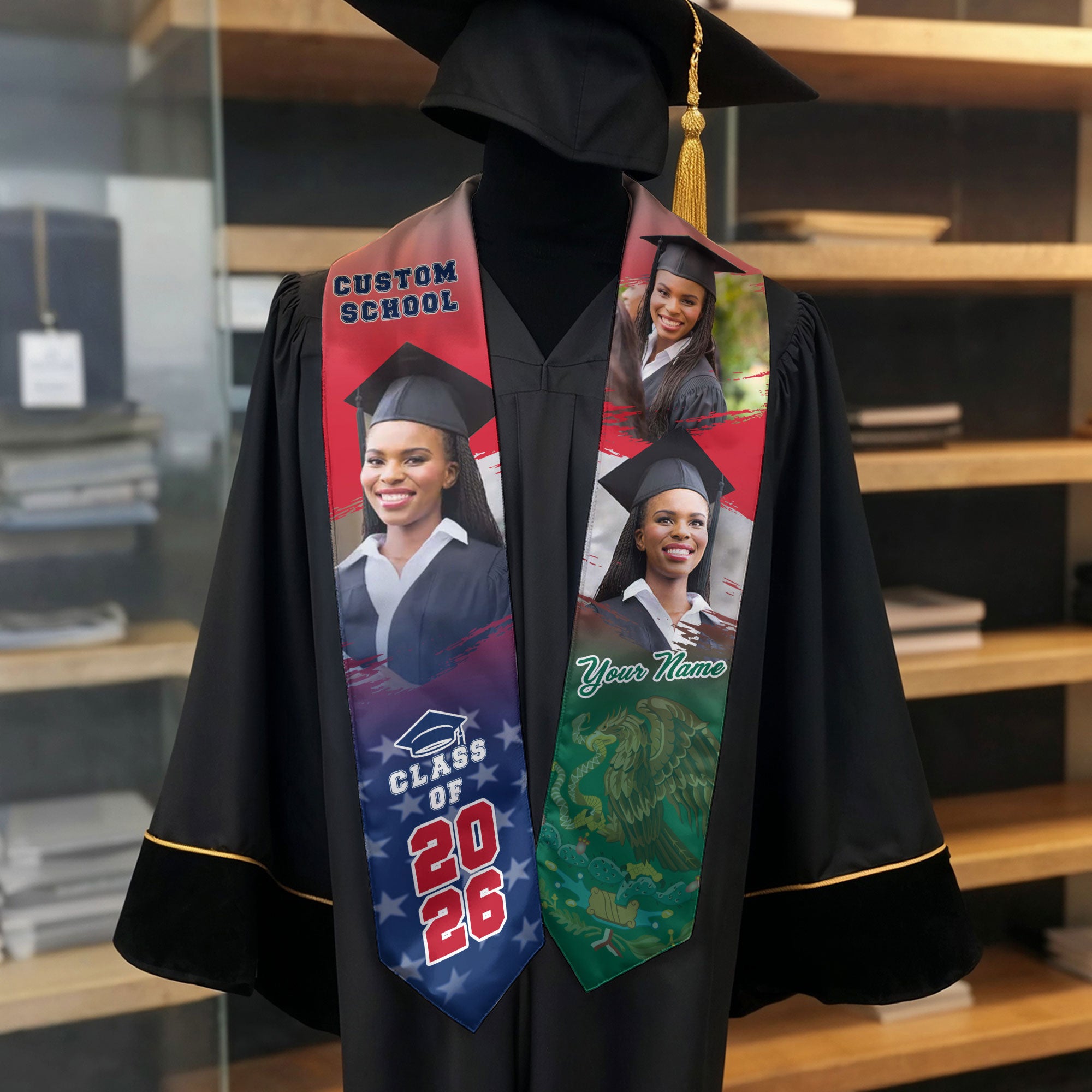 Custom Mexican Graduation Stole 2026 Mexico USA Flag Photo Graduation Sash