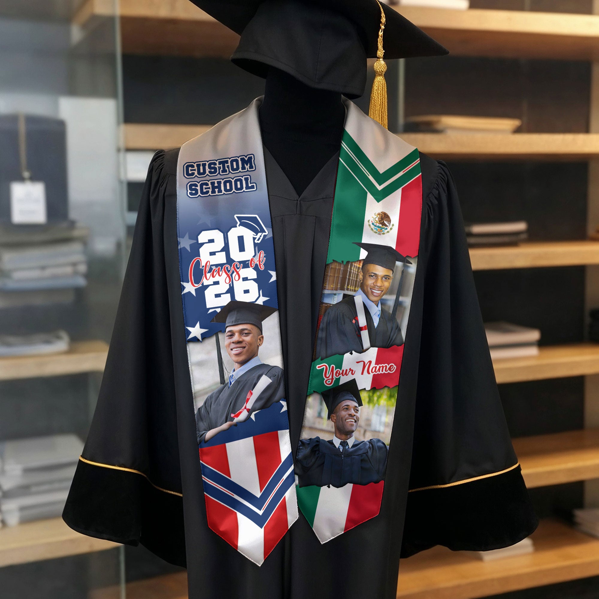 Custom Mexican Graduation Stole 2026 USA Flag Mexico Flag Photo Class School