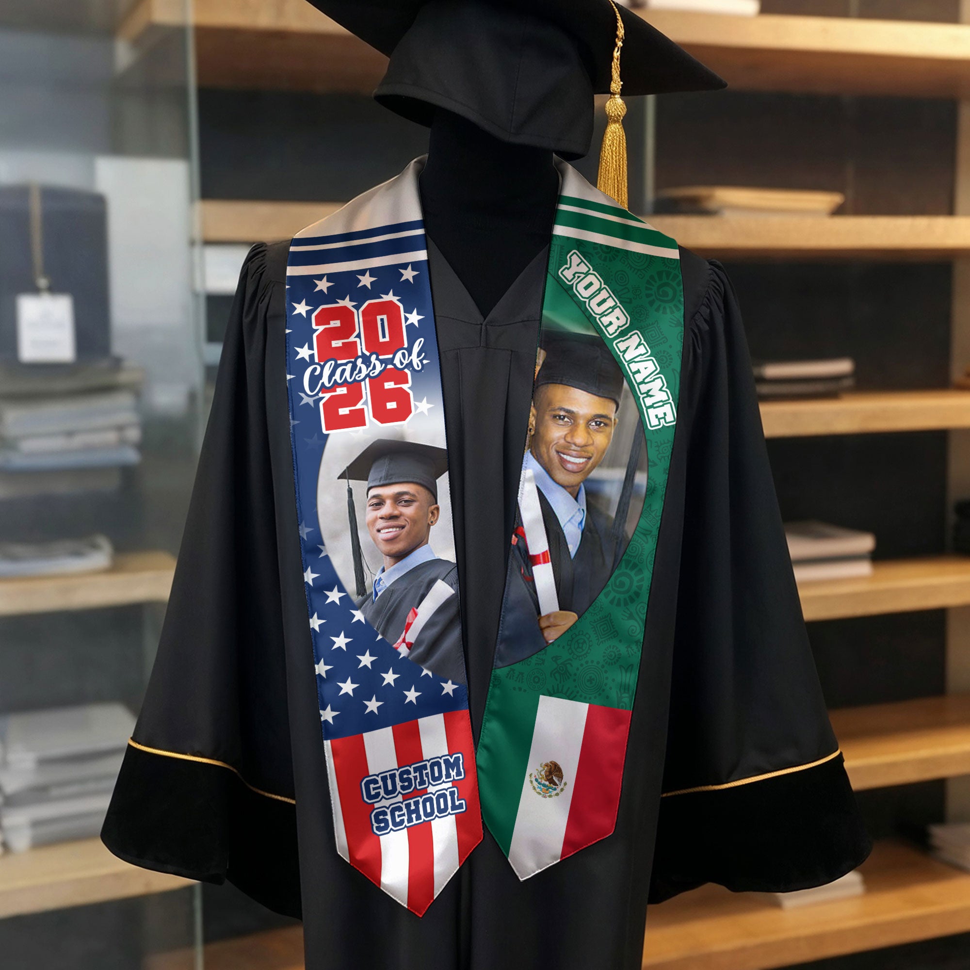 Custom Mexican Graduation Stole 2026 Mexico Flag USA Stars Photo Name School