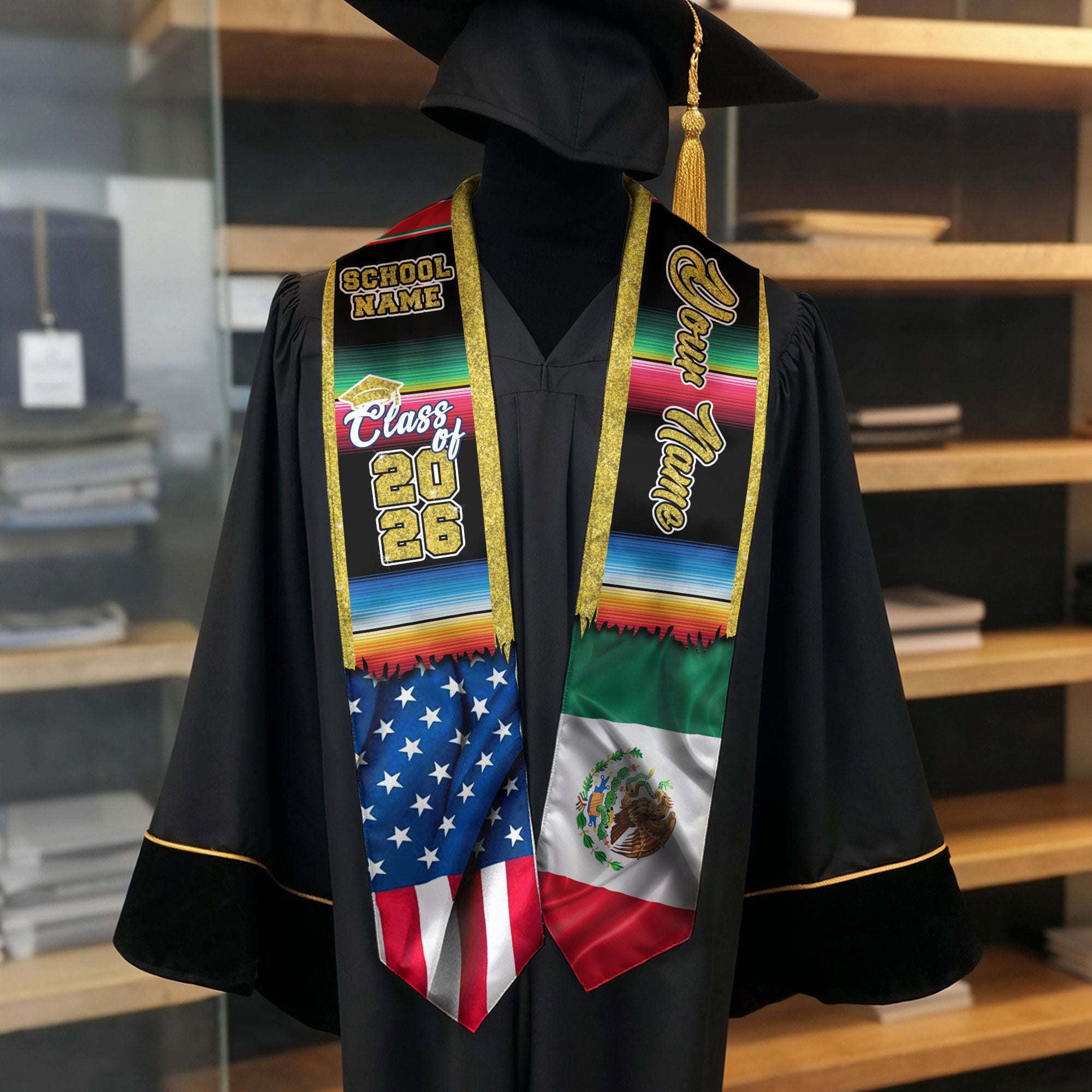 Custom Mexican Graduation Stole 2026 USA Mexico Flag Serape Gold Trim Sash