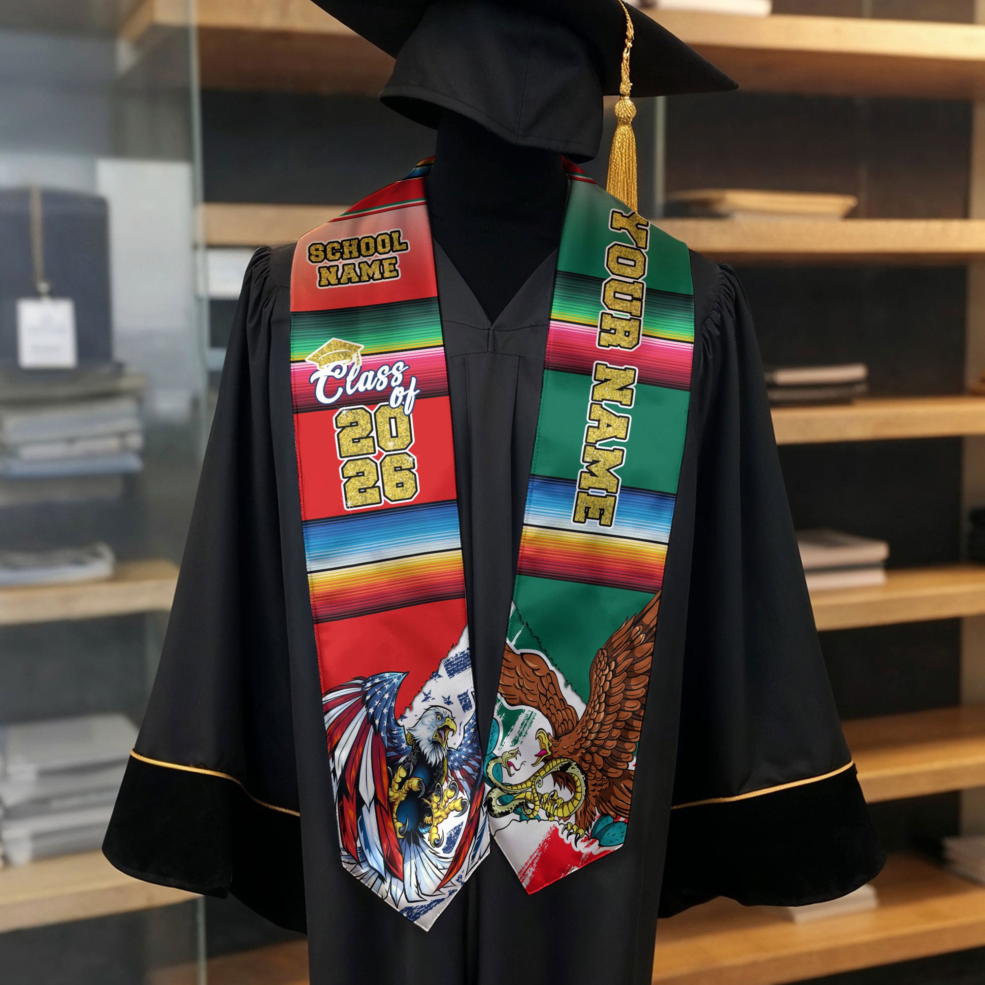 Custom Mexican Graduation Stole 2026 USA Mexico Flag Serape Class Cap Sash