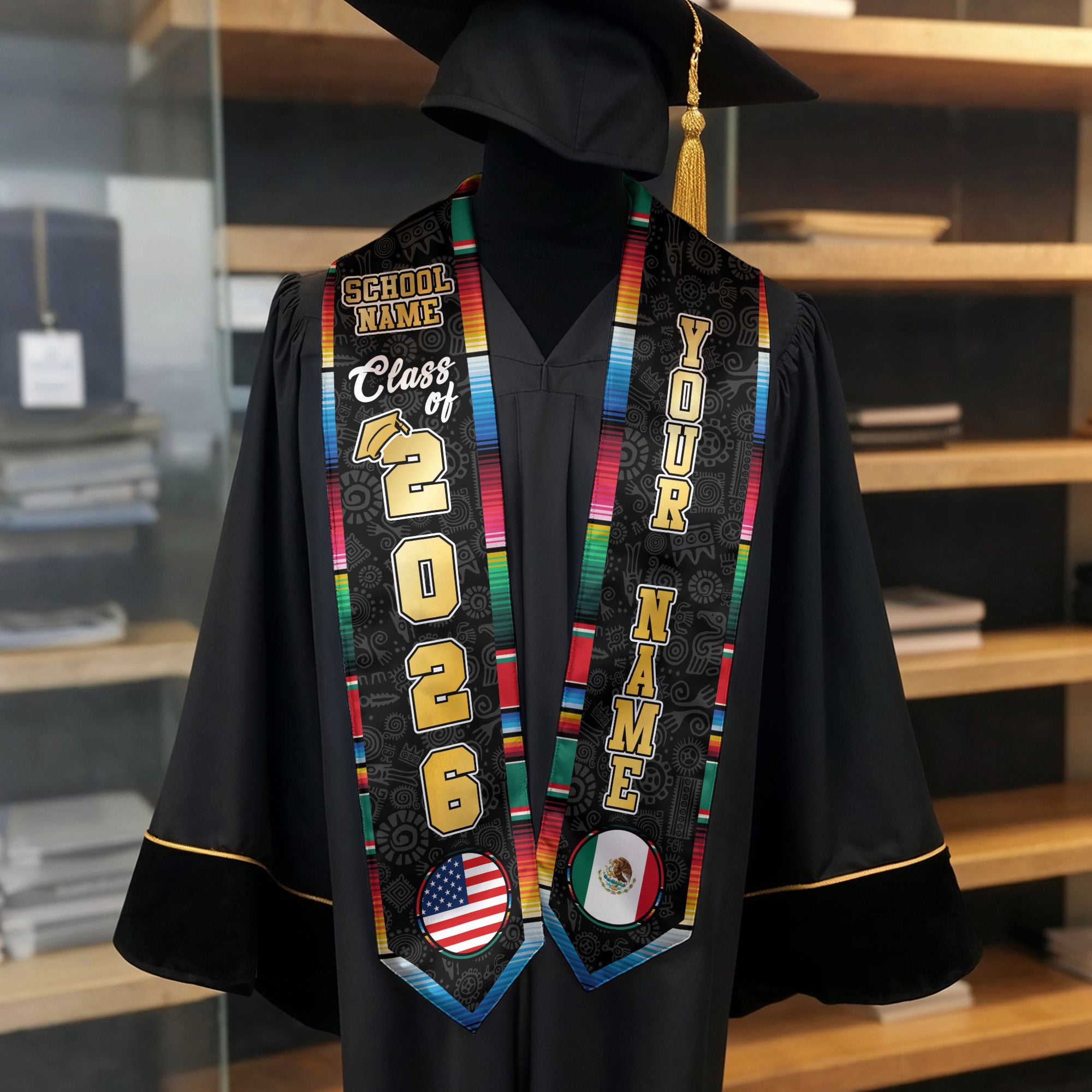Custom Mexican Graduation Stole 2026 USA Mexico Flag Serape Eagle Emblem