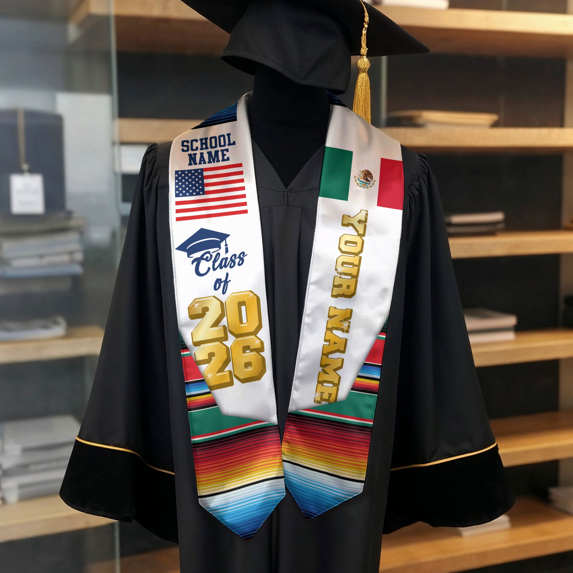 Custom Mexican Graduation Stole 2026 Aztec Pattern USA Mexico Flag Sash