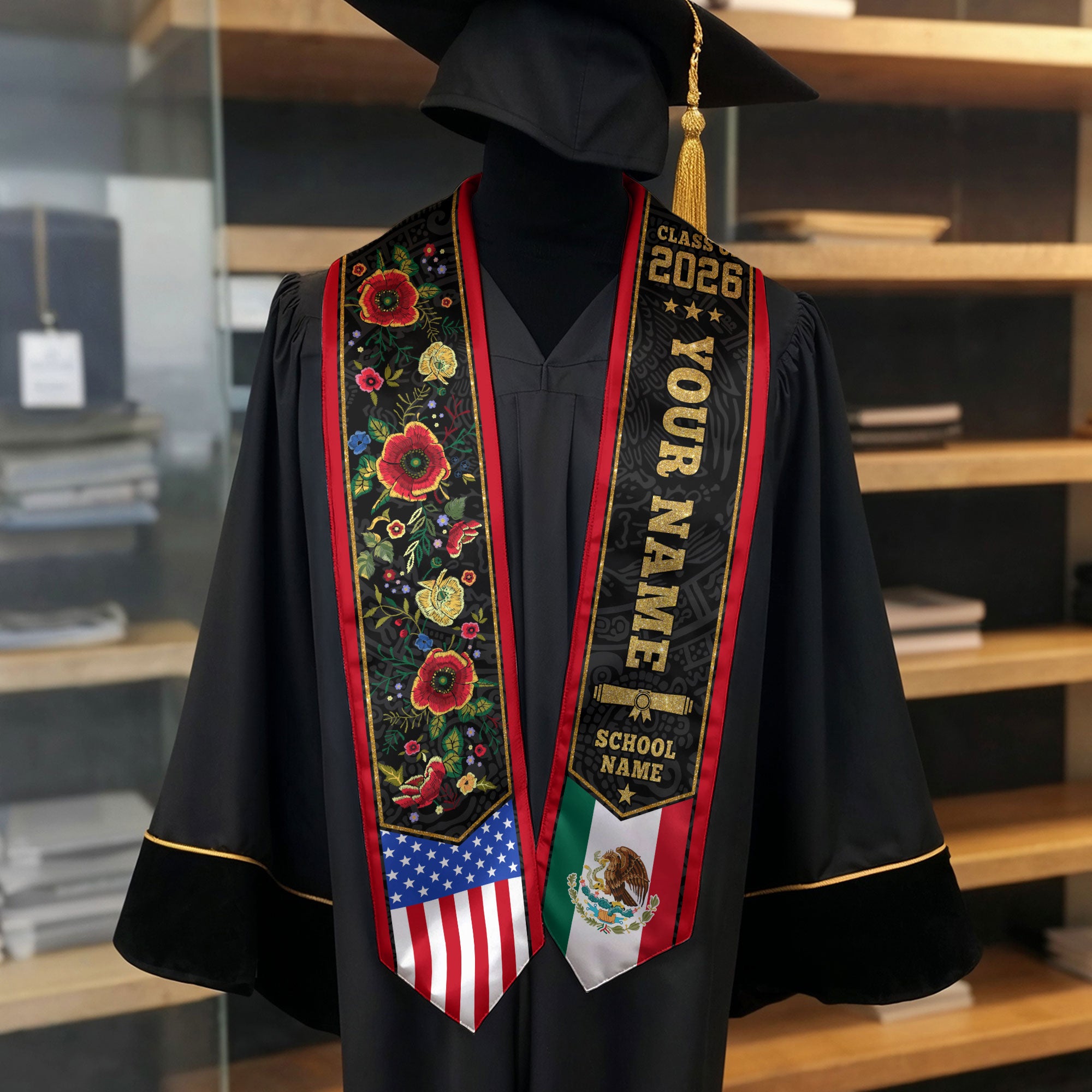 Custom Mexican Graduation Sash 2026, Mexican American Flag Stole, Mexico Grad