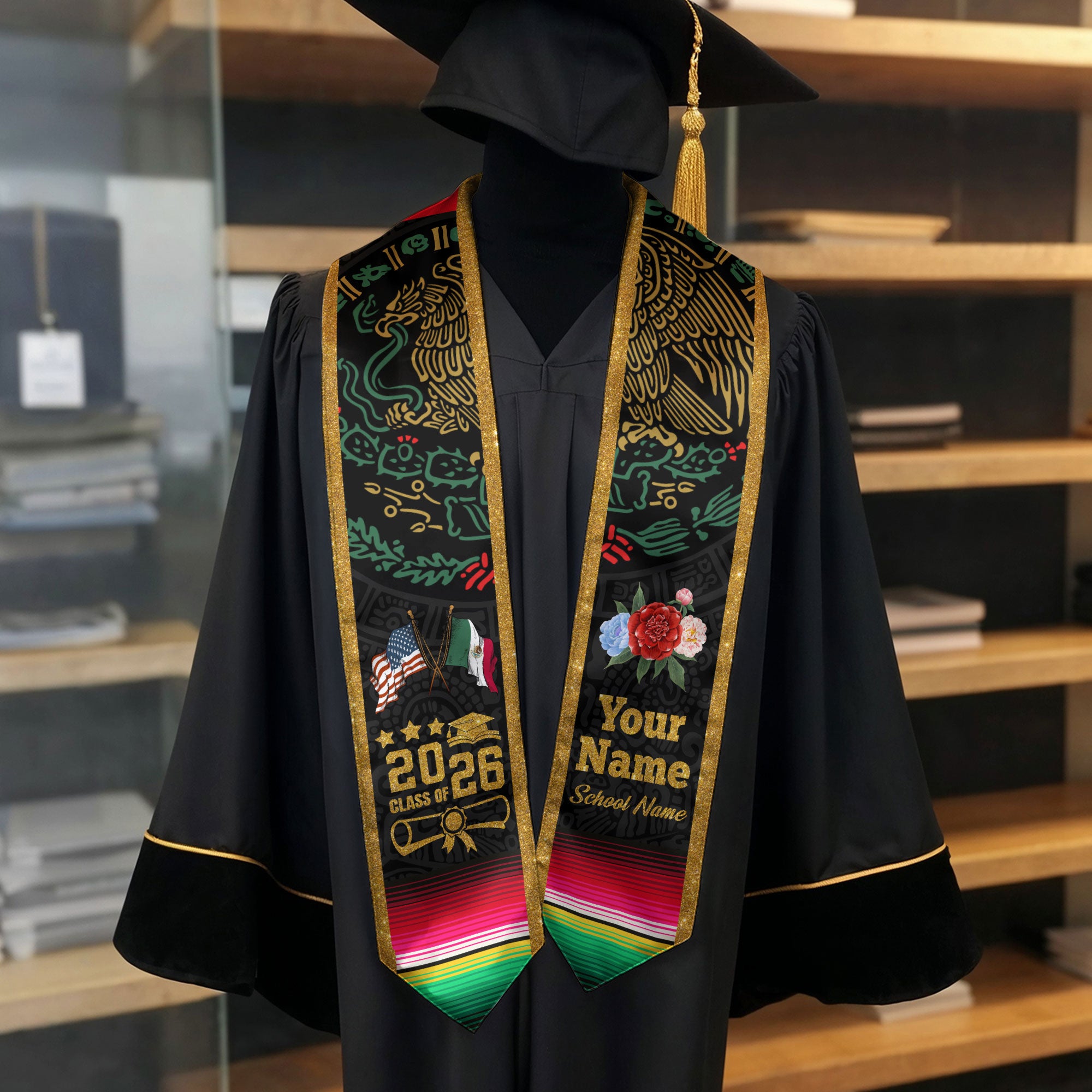 Mexican Graduation Stole 2026, Customized Sash, Mexican American Flag, Mexico Stole