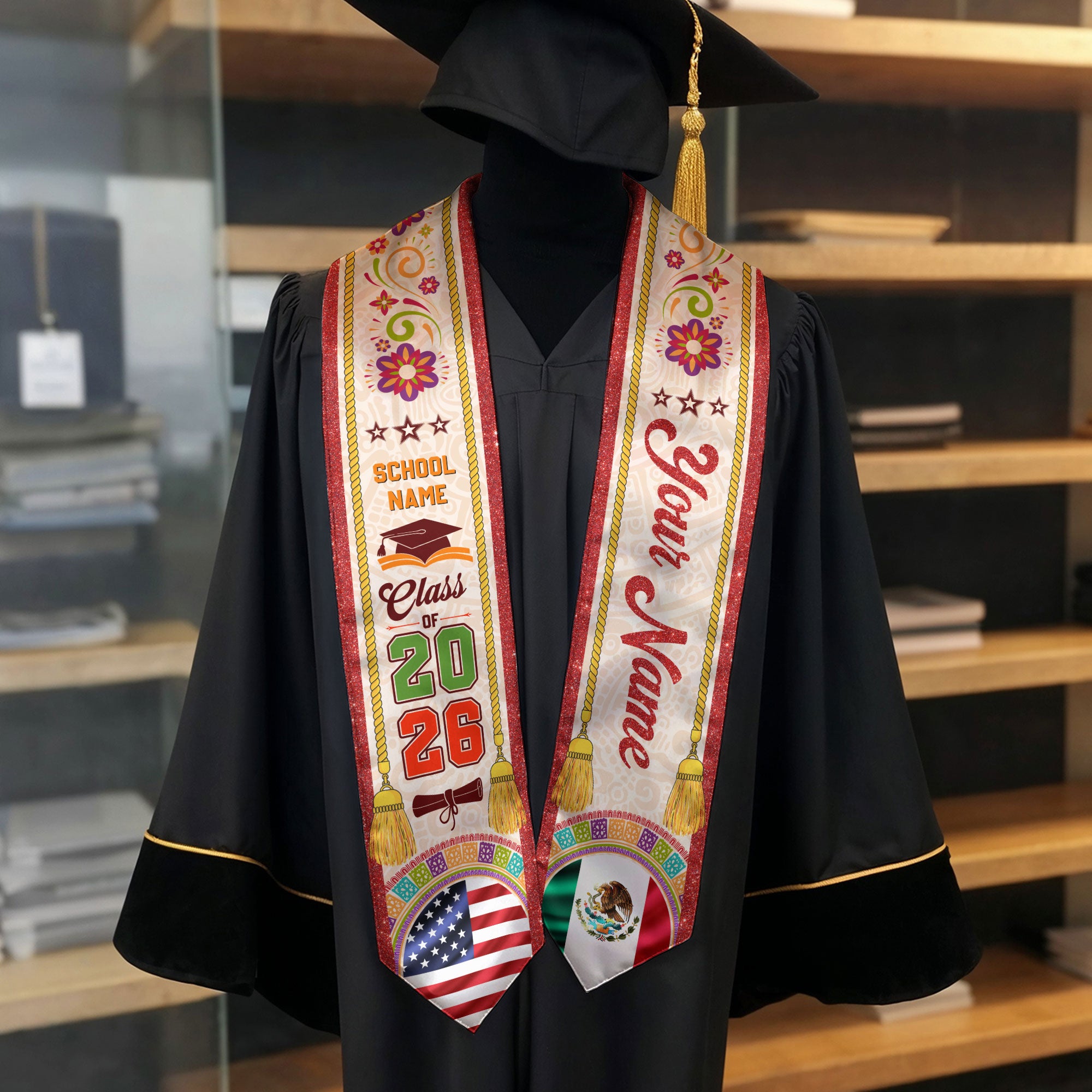 Customizable Mexico Graduation Stole 2026, Mexican Stole, Mexican American Flag Sash