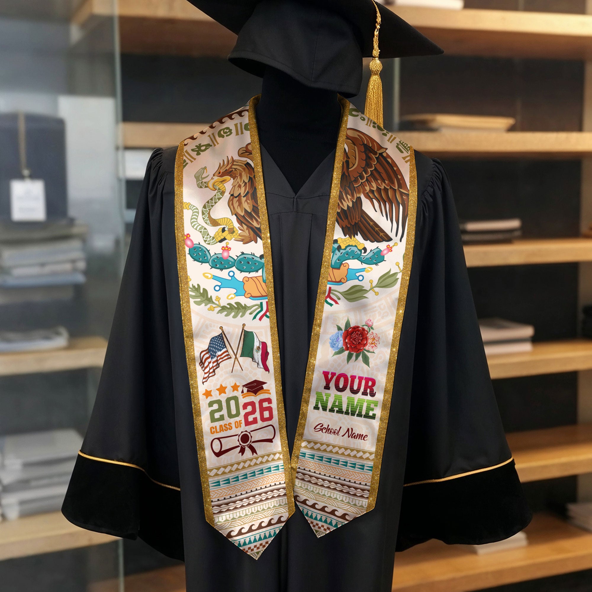 Custom Mexico Graduation Stole 2026, Personalized Mexican Sash for Graduate, Elegant Graduation Stole for Mexican Graduate