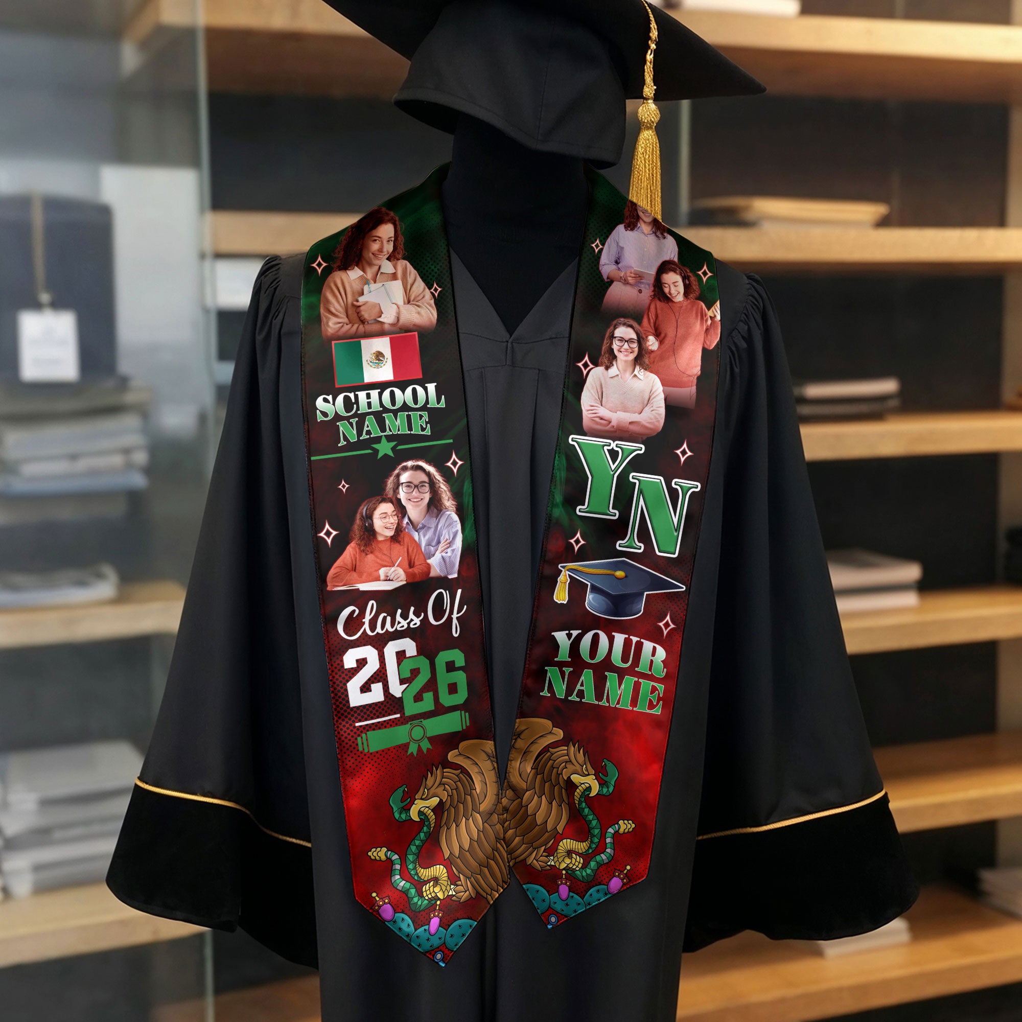 Custom Photo Mexico Aztec Graduation Stole 2026, Mexican Graduate Sash Honoring Heritage