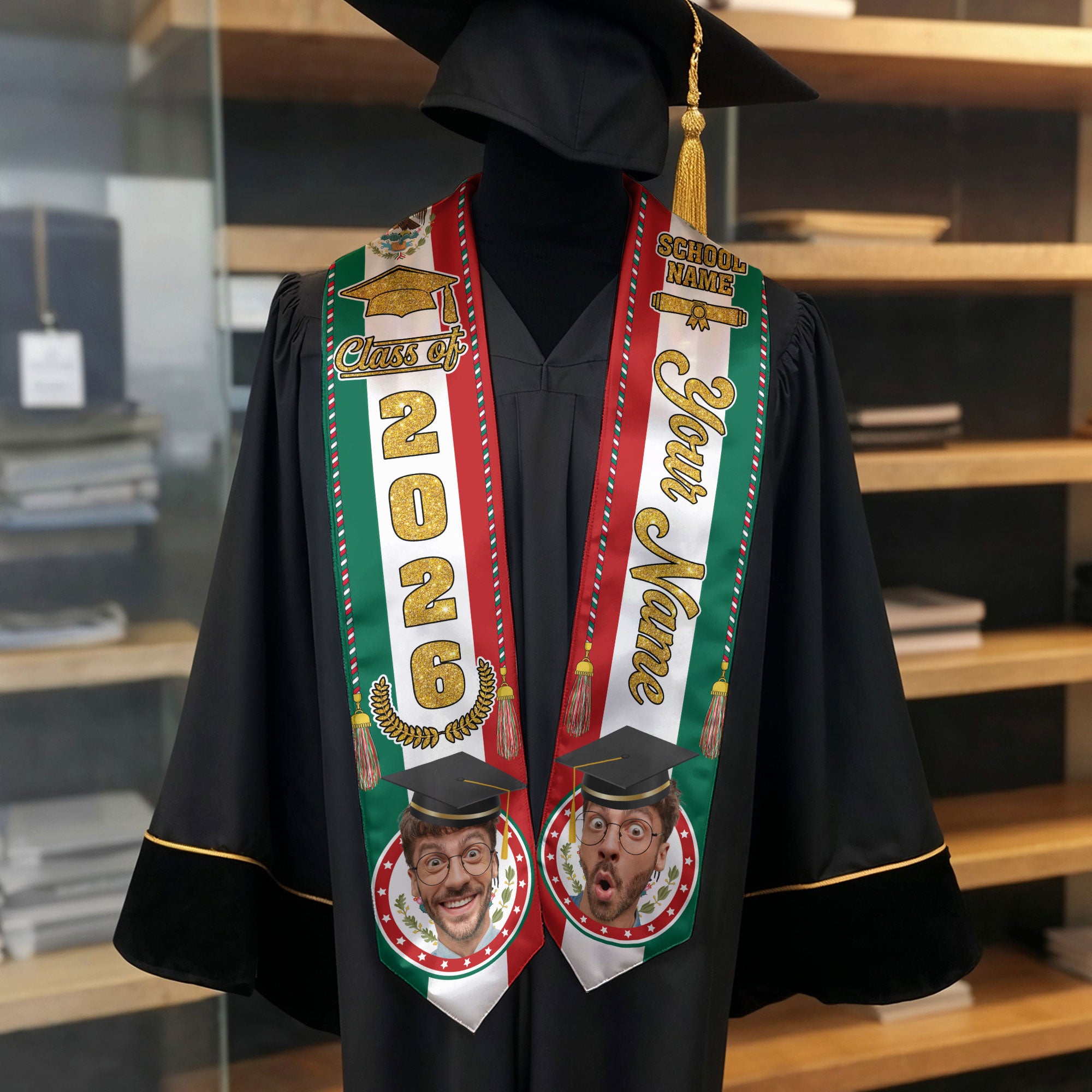 Custom Photo Mexican Aztec Stole 2026, Graduation Sash for Graduate Celebrating Mexico Pride