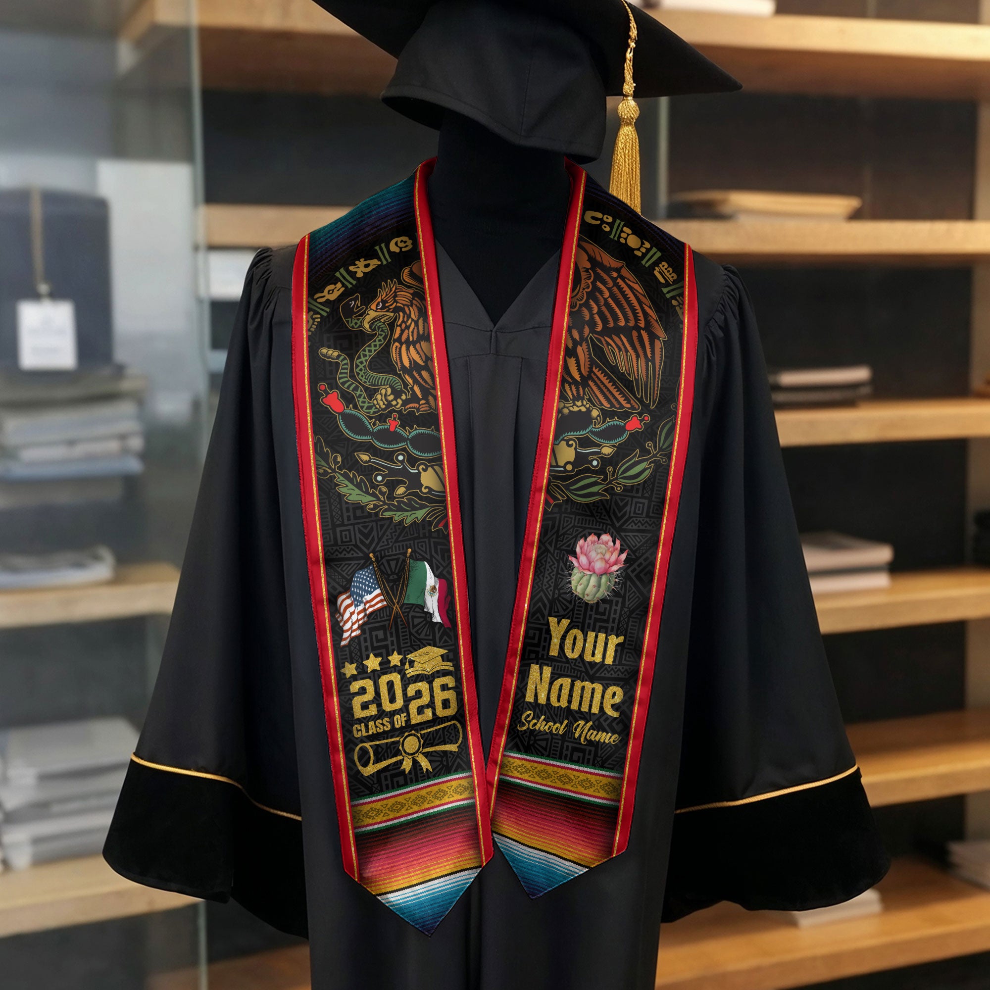 Aztec Mexico Custom Graduation Stole 2026, Mexican Sash for Graduate Honor