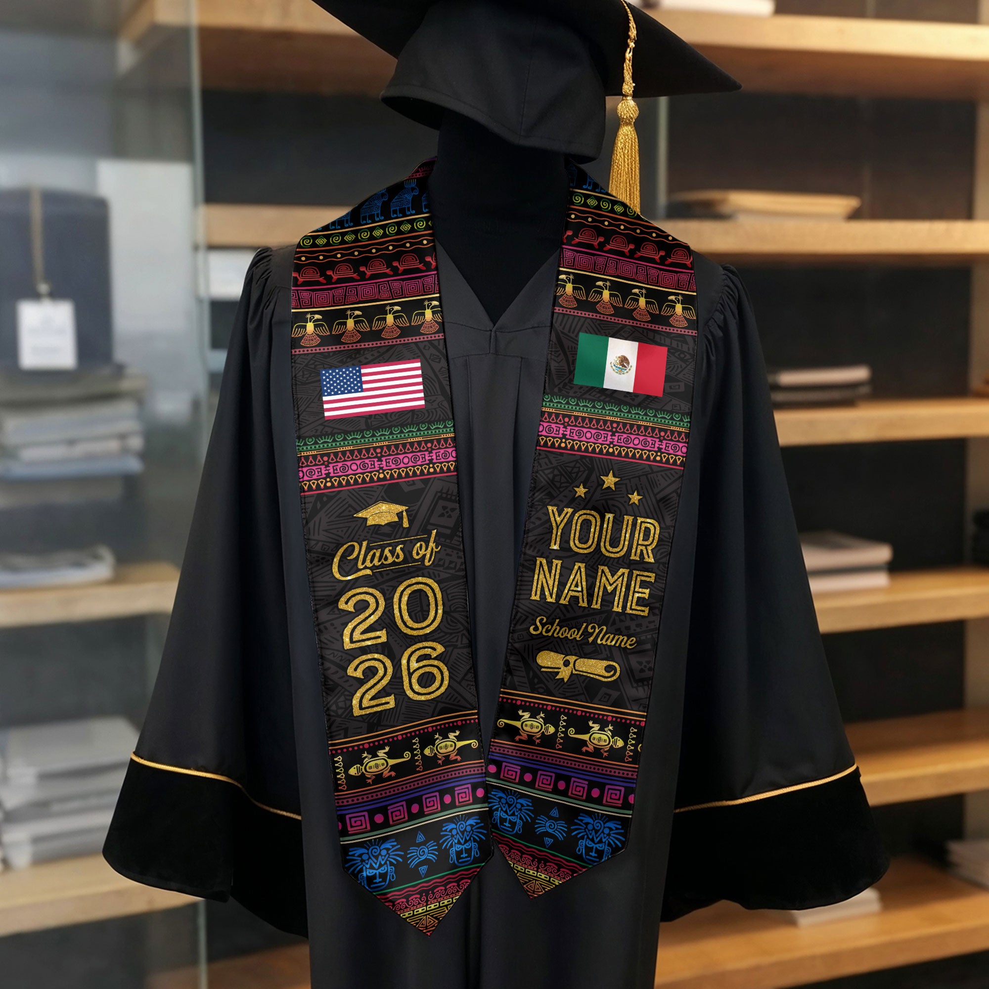 Mexico Mexican Aztec Custom Stole 2026, Graduation Sash for Graduate Pride