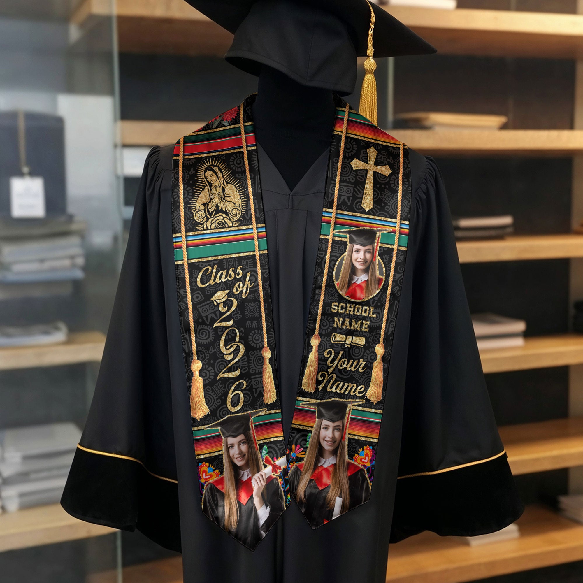 Custom Photo Mexican Graduation Stole 2026 Aztec Virgin Mary & Cross Graduation Sash Mexico