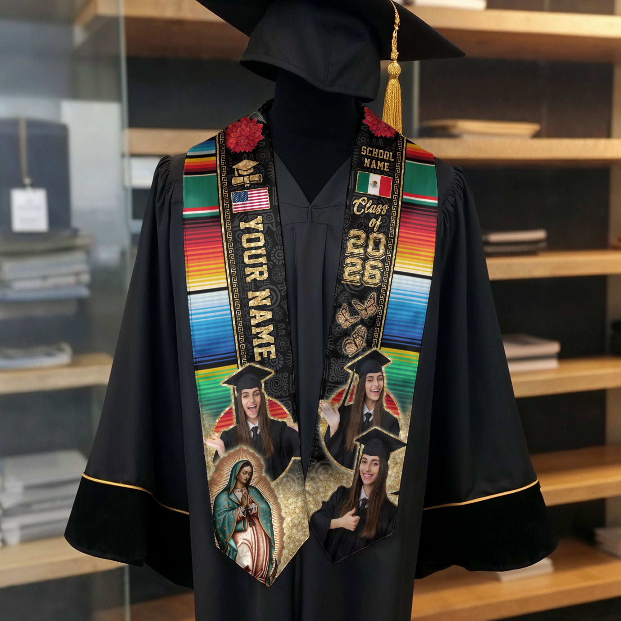 Graduation Stole Mexican with Aztec Patterns Serape USA & Mexico Flag Custom Photo Sash 2026
