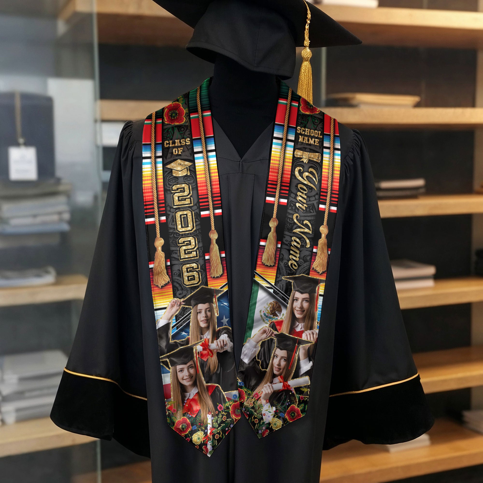 Custom Mexican Graduation Sash 2026 Aztec Patterns Serape Rose USA Mexico Flag Photo