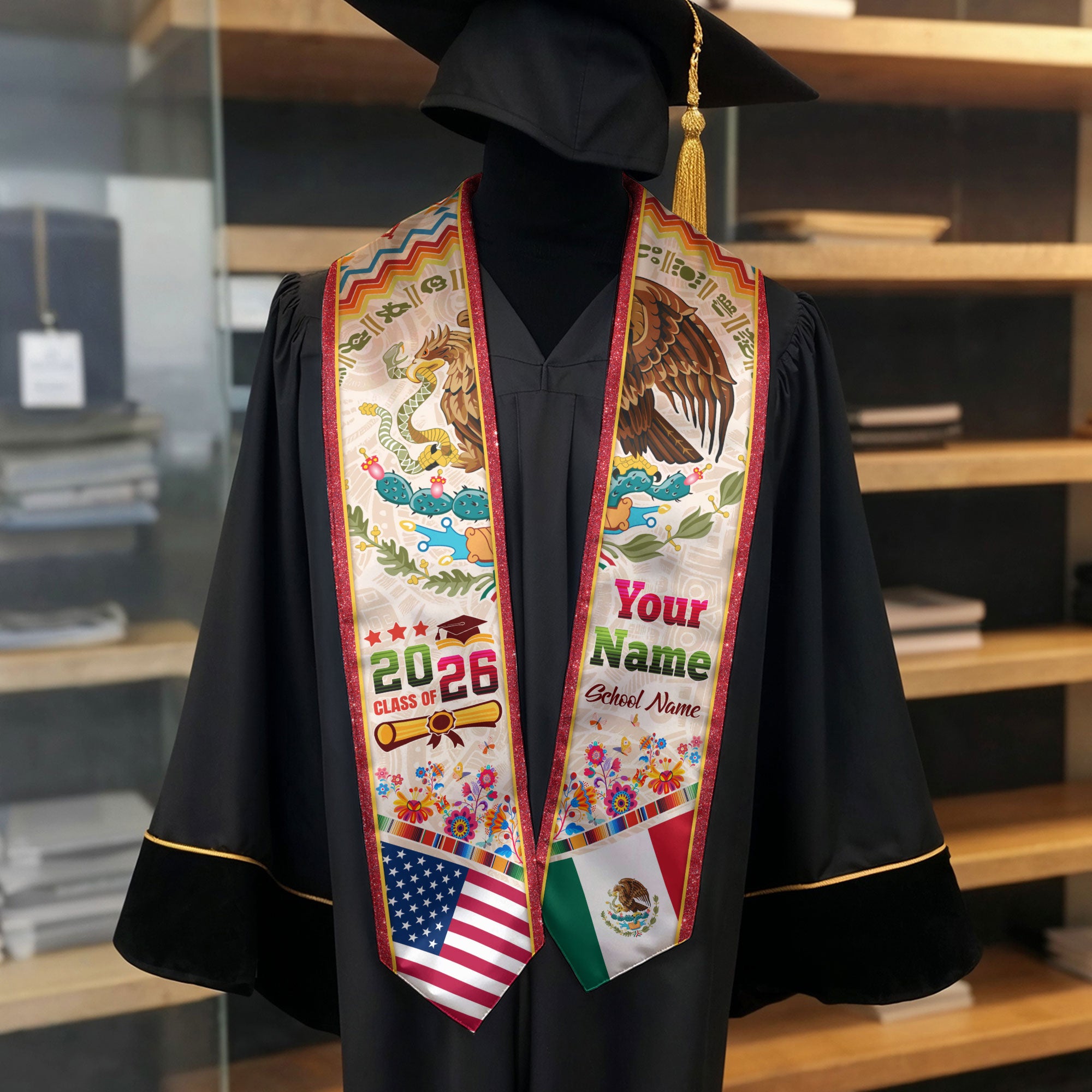 Personalized 2026 Graduation Stole – USA & Mexico Eagle Heritage Senior Sash with Serape Pattern Design