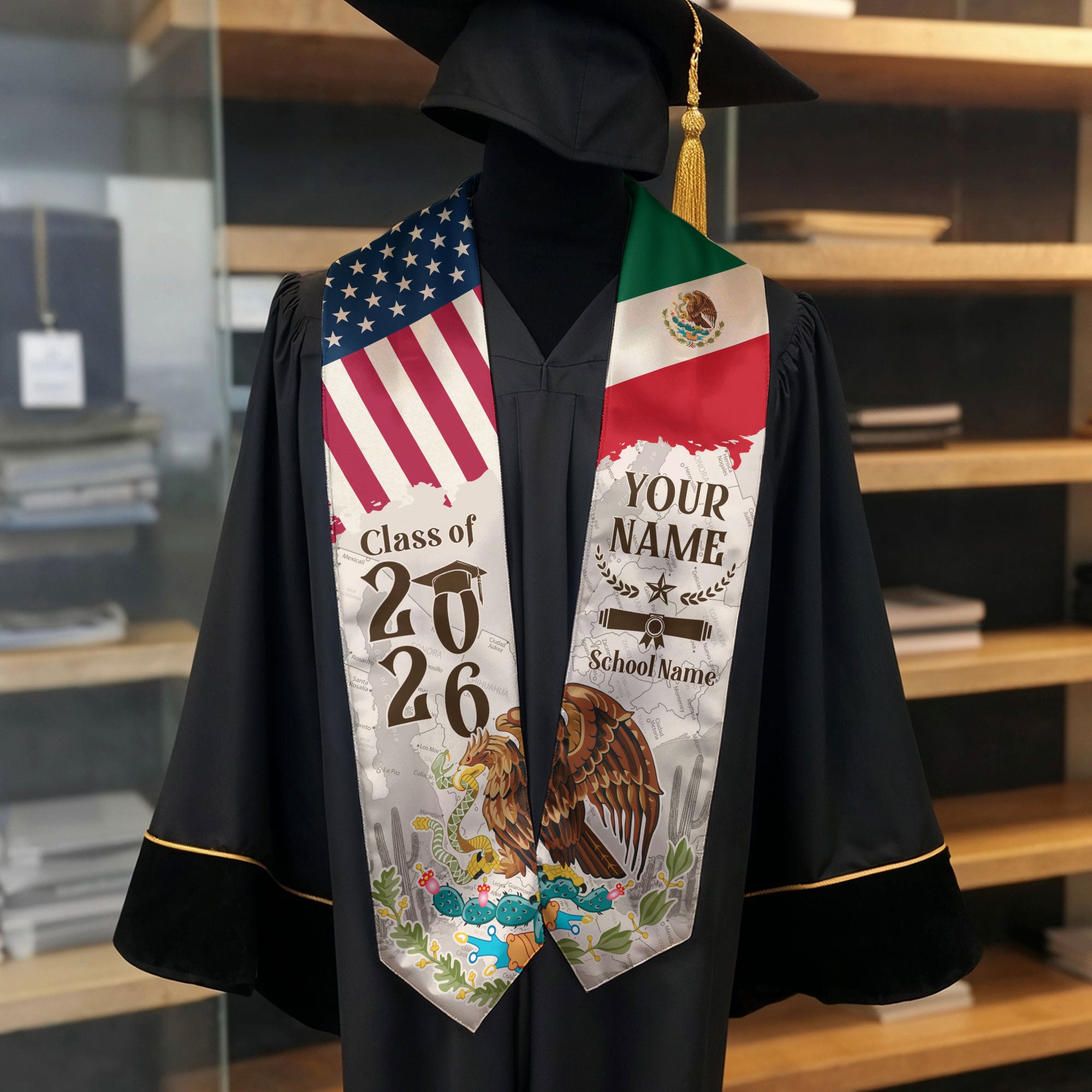 Custom Class of 2026 Graduation Stole – USA & Mexico Flag Senior Sash with Eagle Crest Design