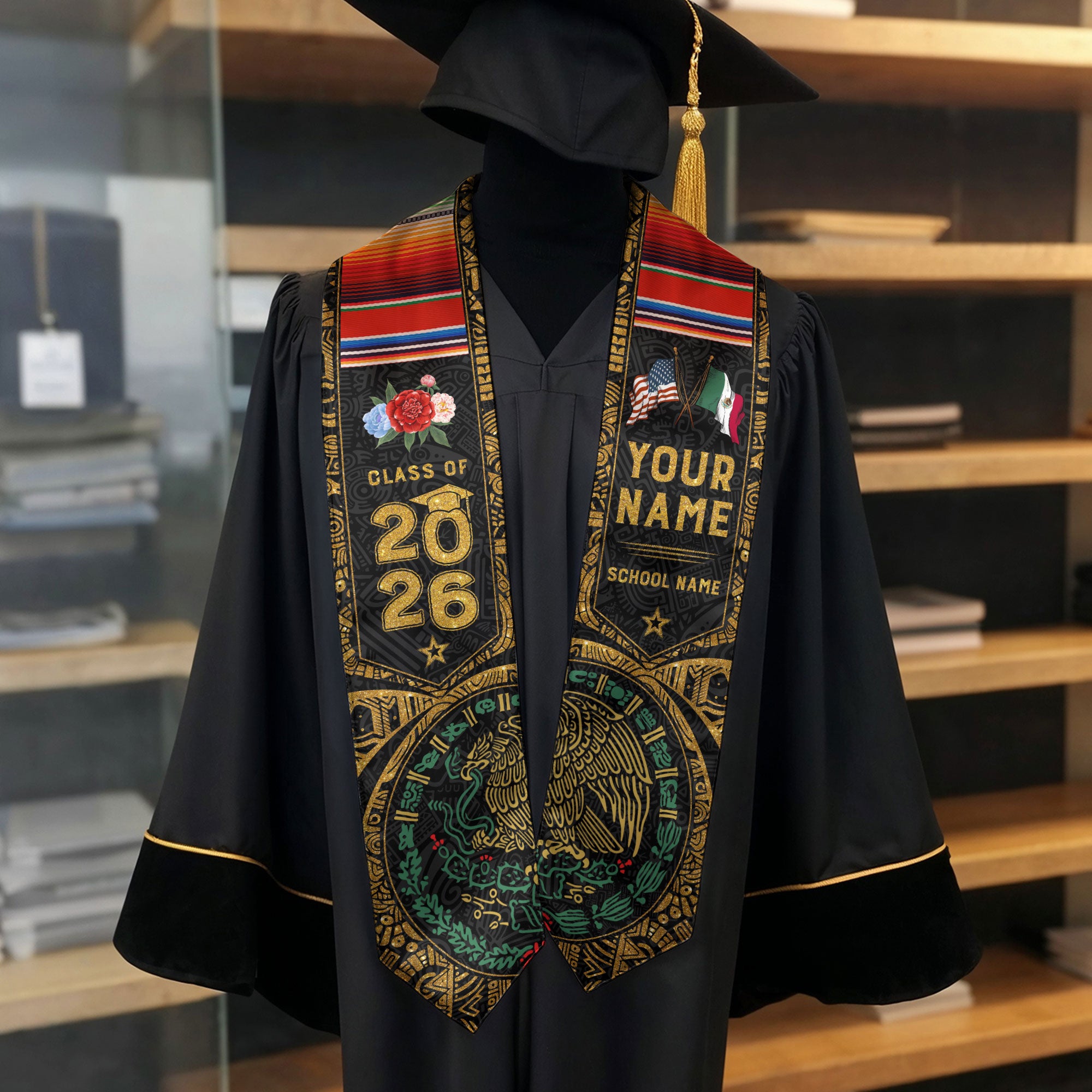 Personalized Class of 2026 Graduation Stole – Black & Gold USA Mexico Heritage Senior Sash with Serape Accent
