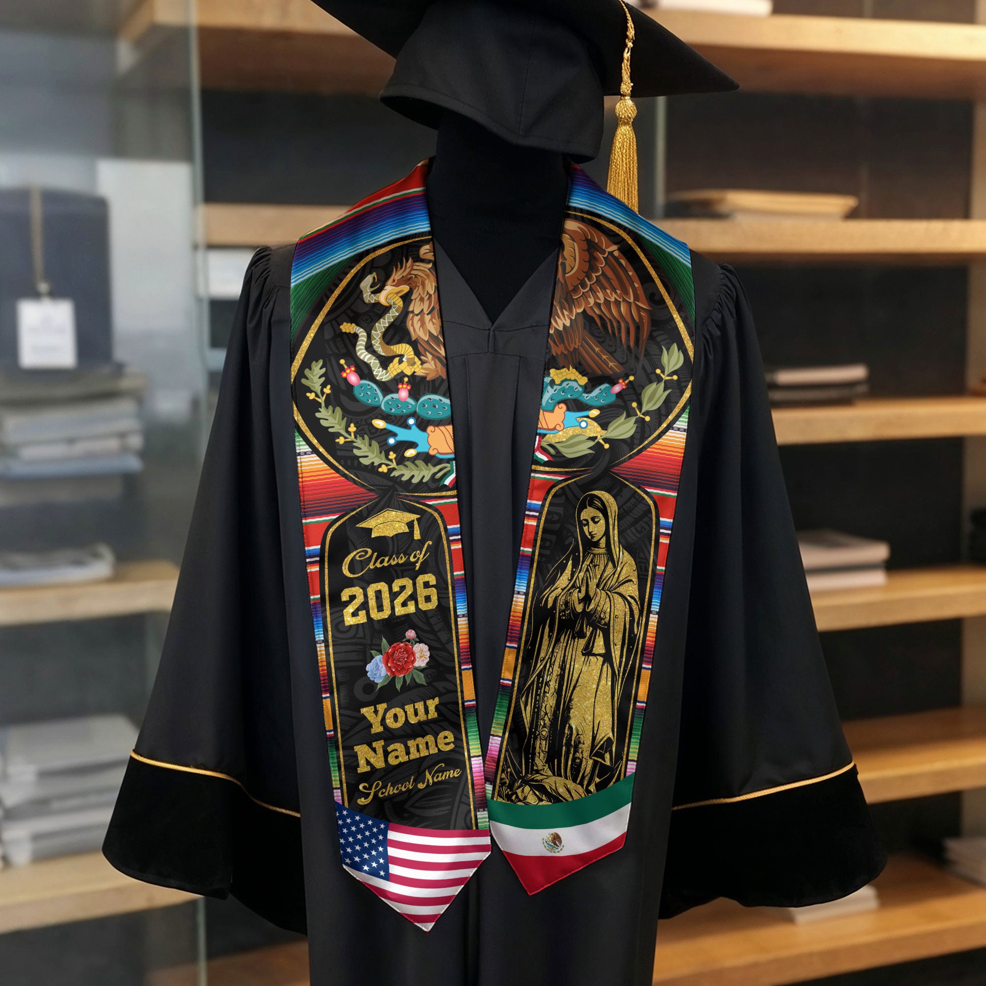 Class of 2026 Heritage Graduation Stole – Personalized USA & Mexico Sash with Golden Virgen & Eagle Crest