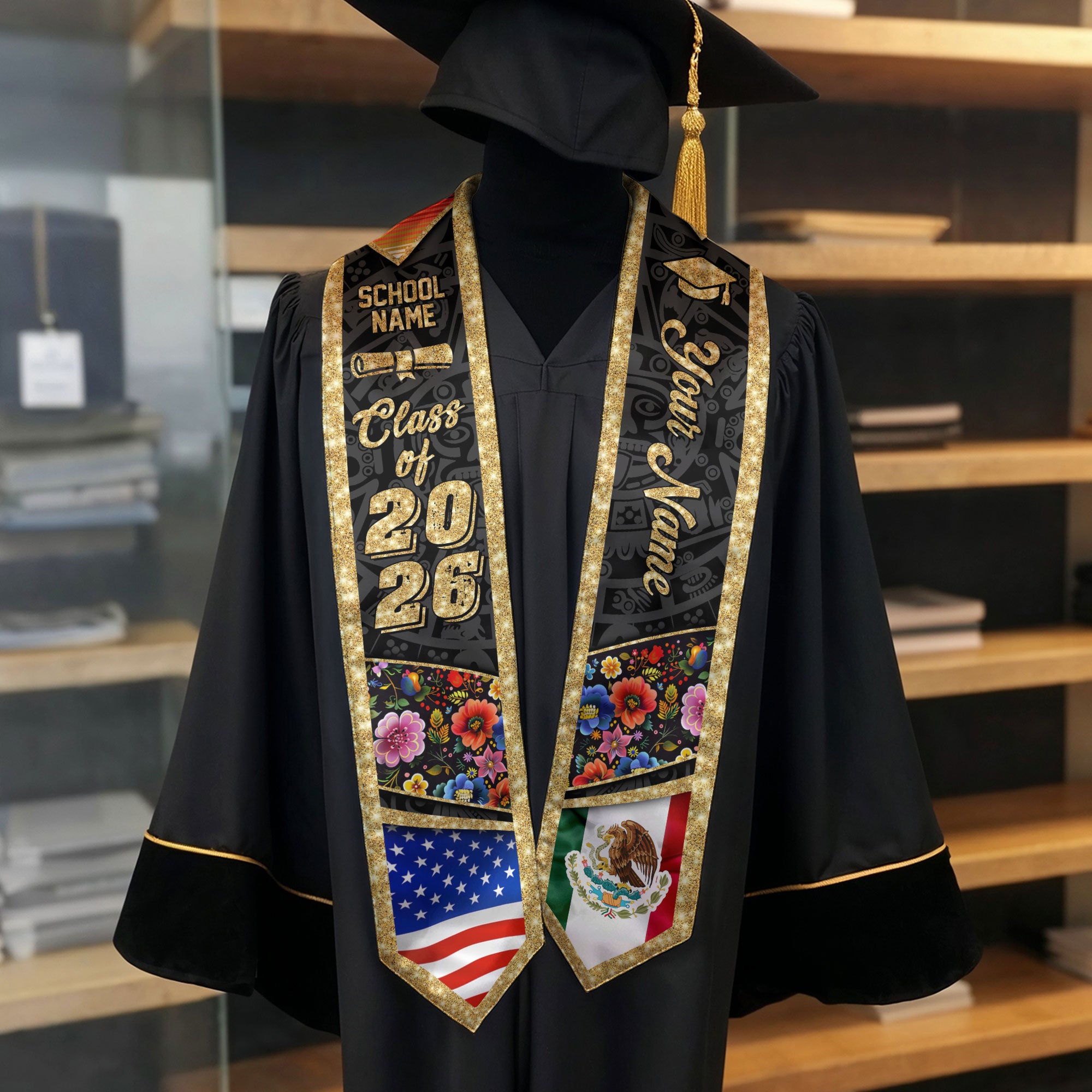 Custom Class of 2026 Graduation Stole – Personalized USA & Mexico Flag Senior Sash with Floral Gold Design