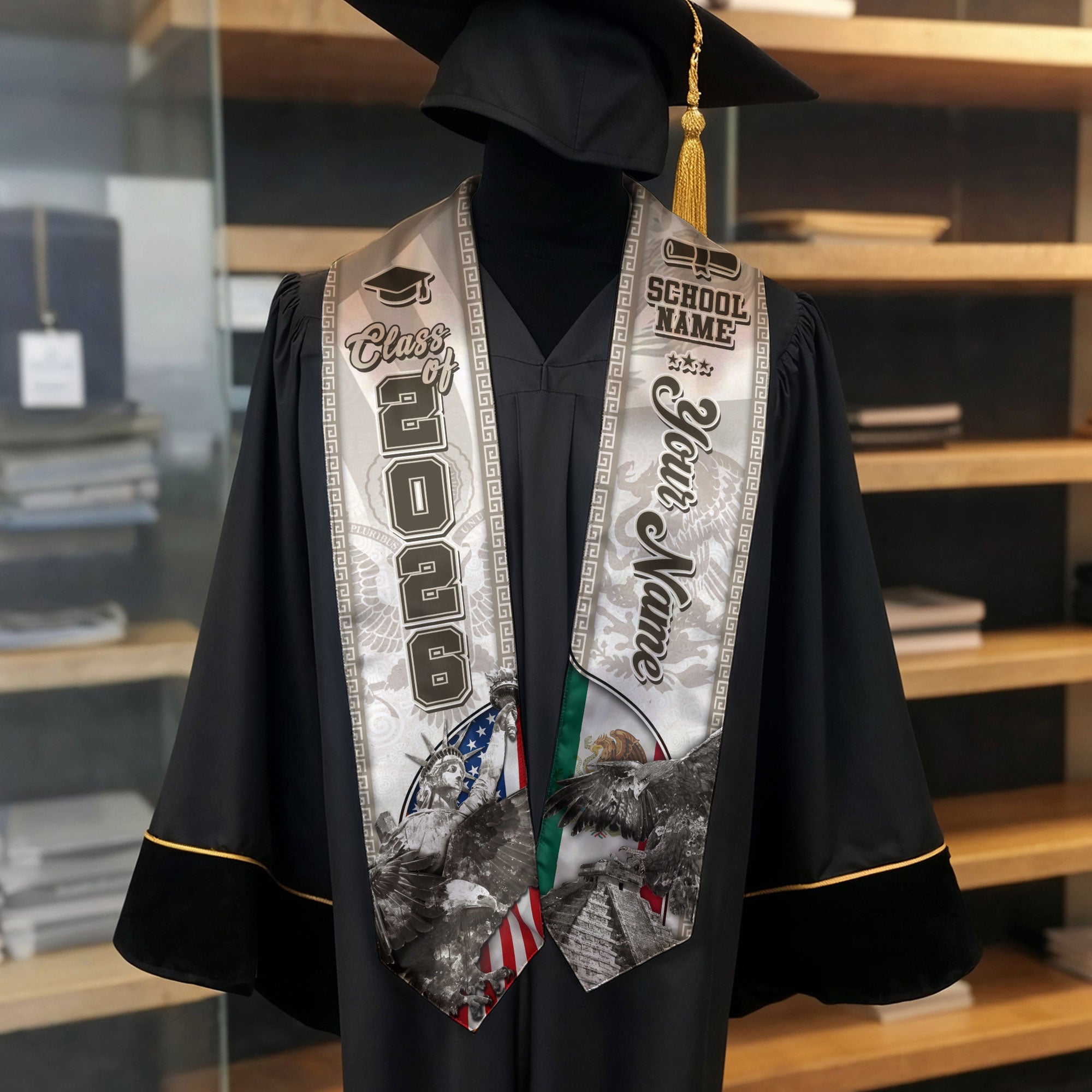 Class of 2026 Silver Graduation Stole – USA & Mexico Pride Senior Sash with Eagle & Statue Design
