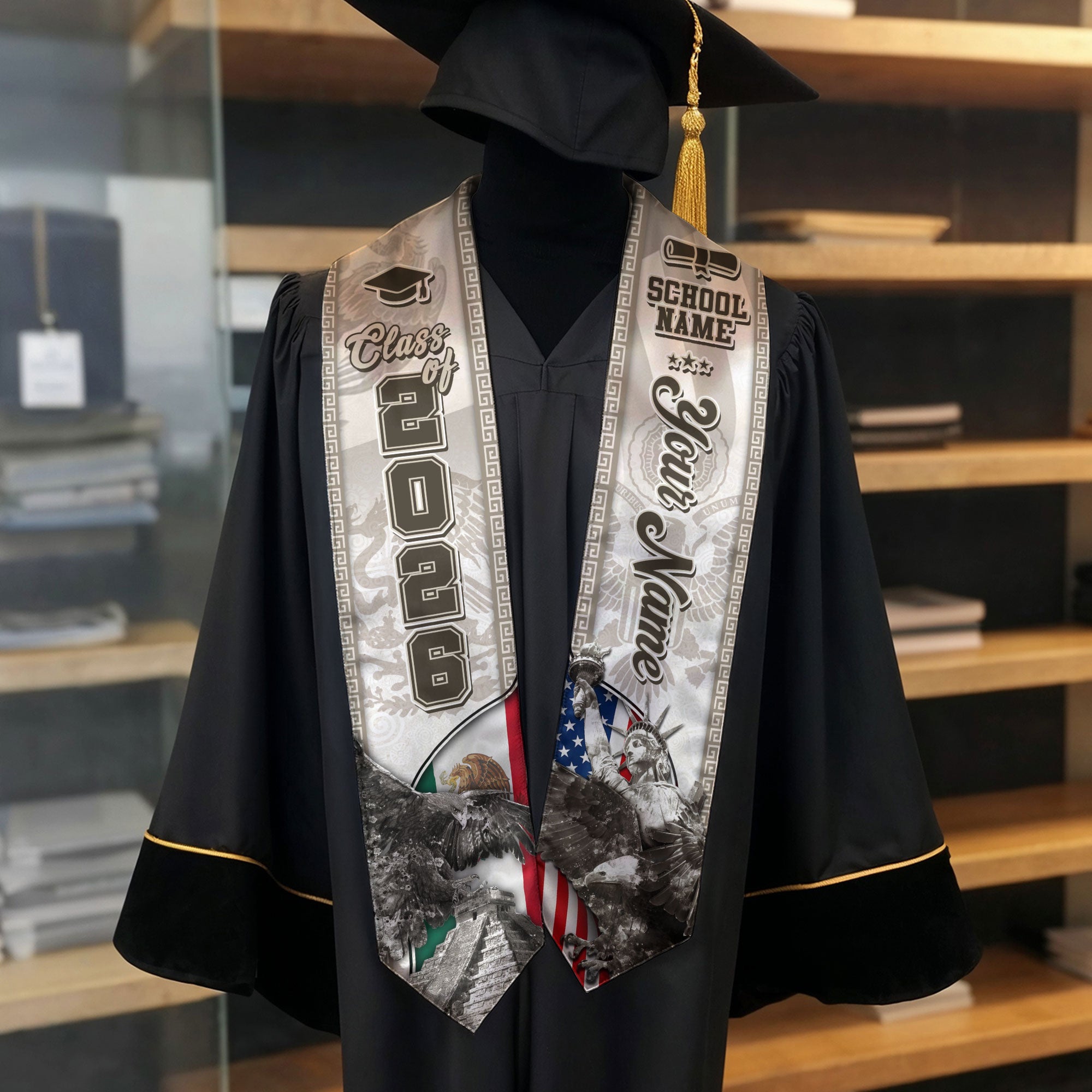 Class of 2026 Silver Graduation Stole – USA & Mexico Pride Senior Sash with Eagle & Statue Design