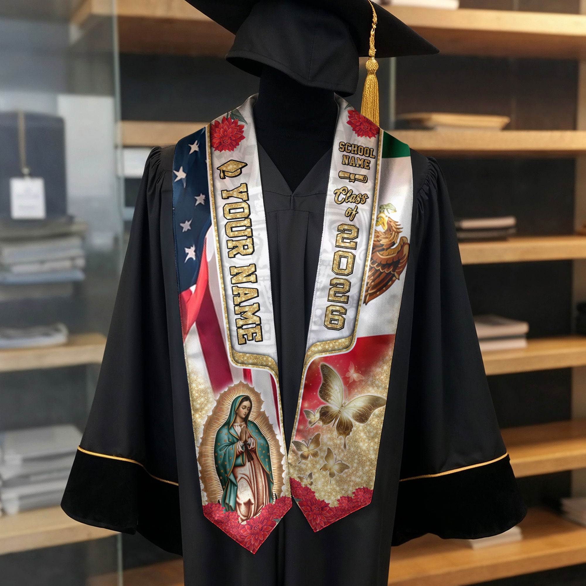 Custom Class of 2026 Graduation Stole – Virgen de Guadalupe USA & Mexico Senior Sash with Gold Butterfly Design