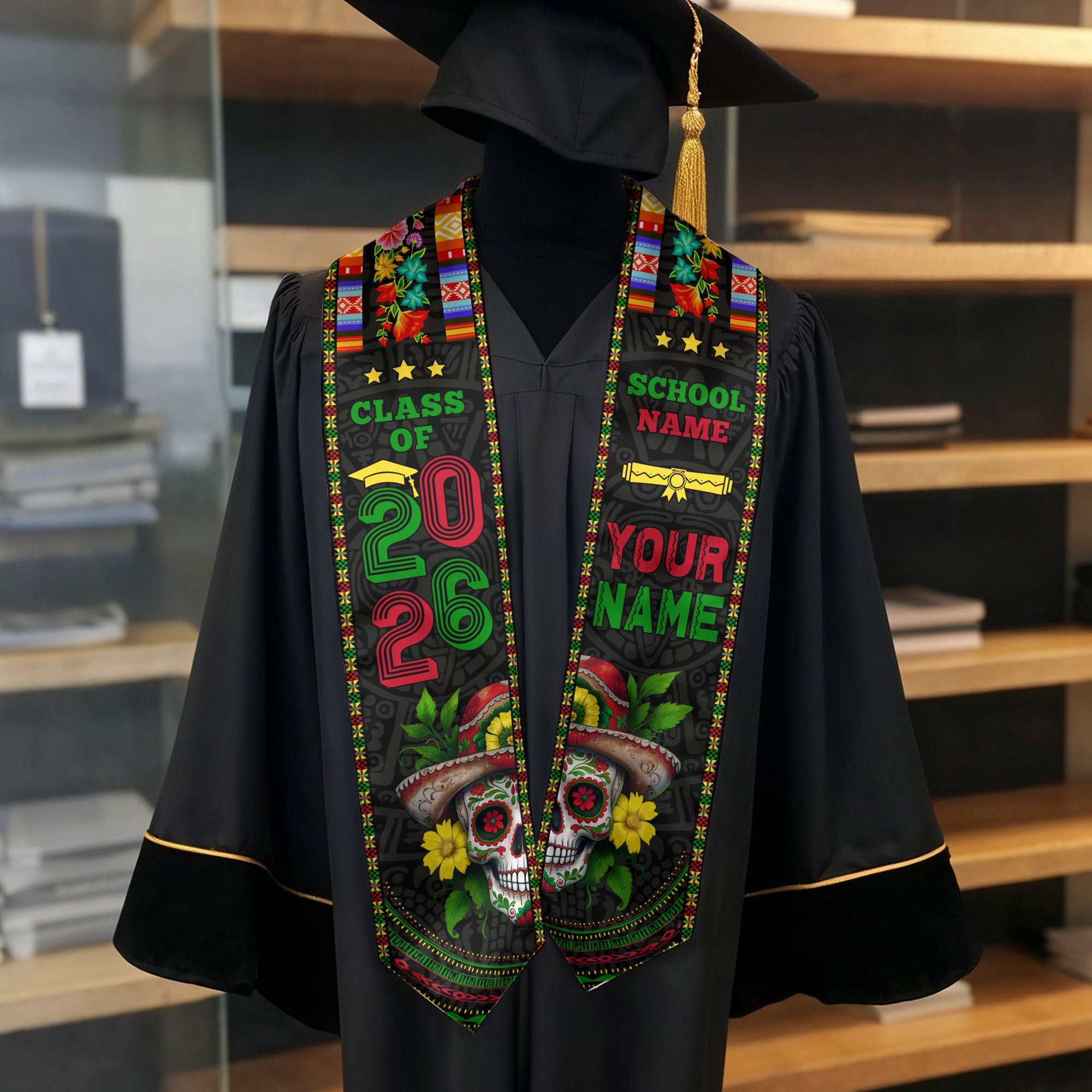 Custom Class of 2026 Graduation Stole – Mexican Serape & Sugar Skull Design, Personalized School and Name Sash