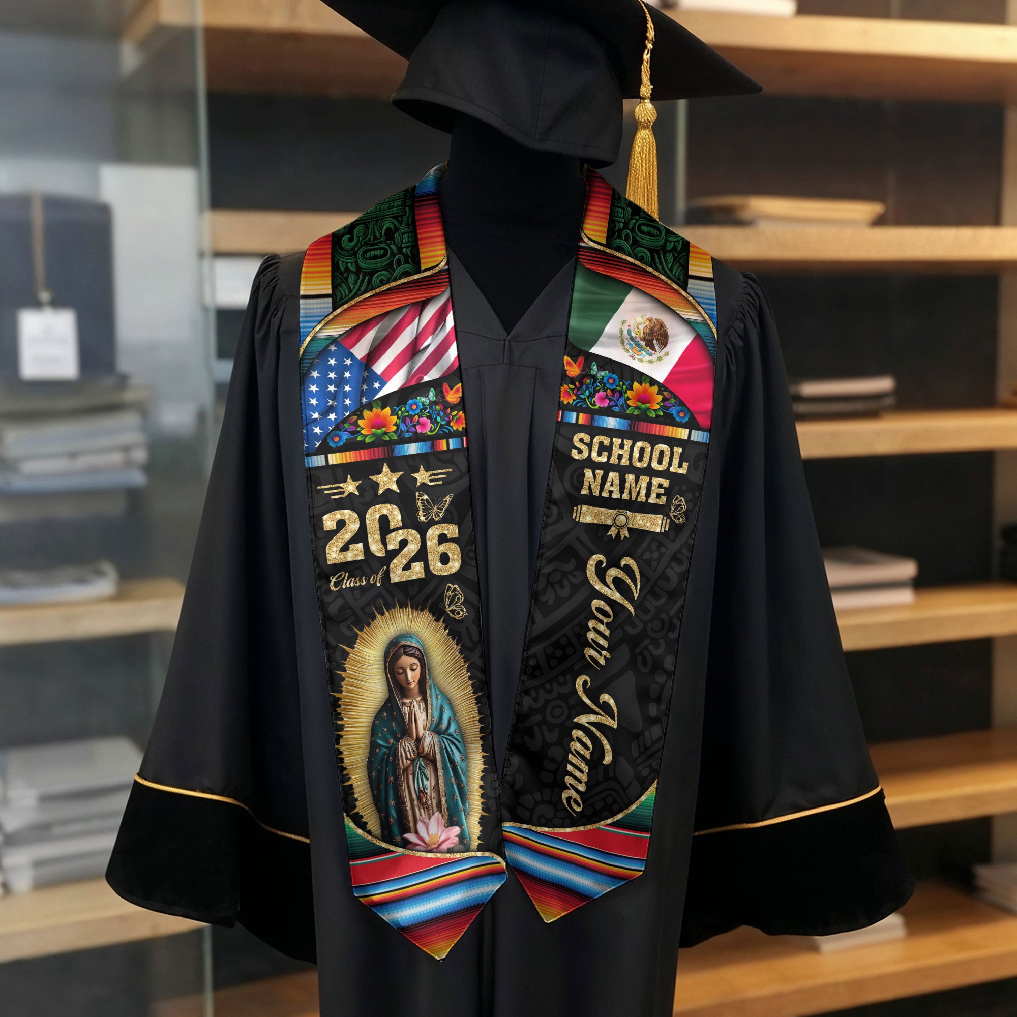 Custom Virgen de Guadalupe Class of 2026 Graduation Stole – USA & Mexico Flag Personalized Senior Sash