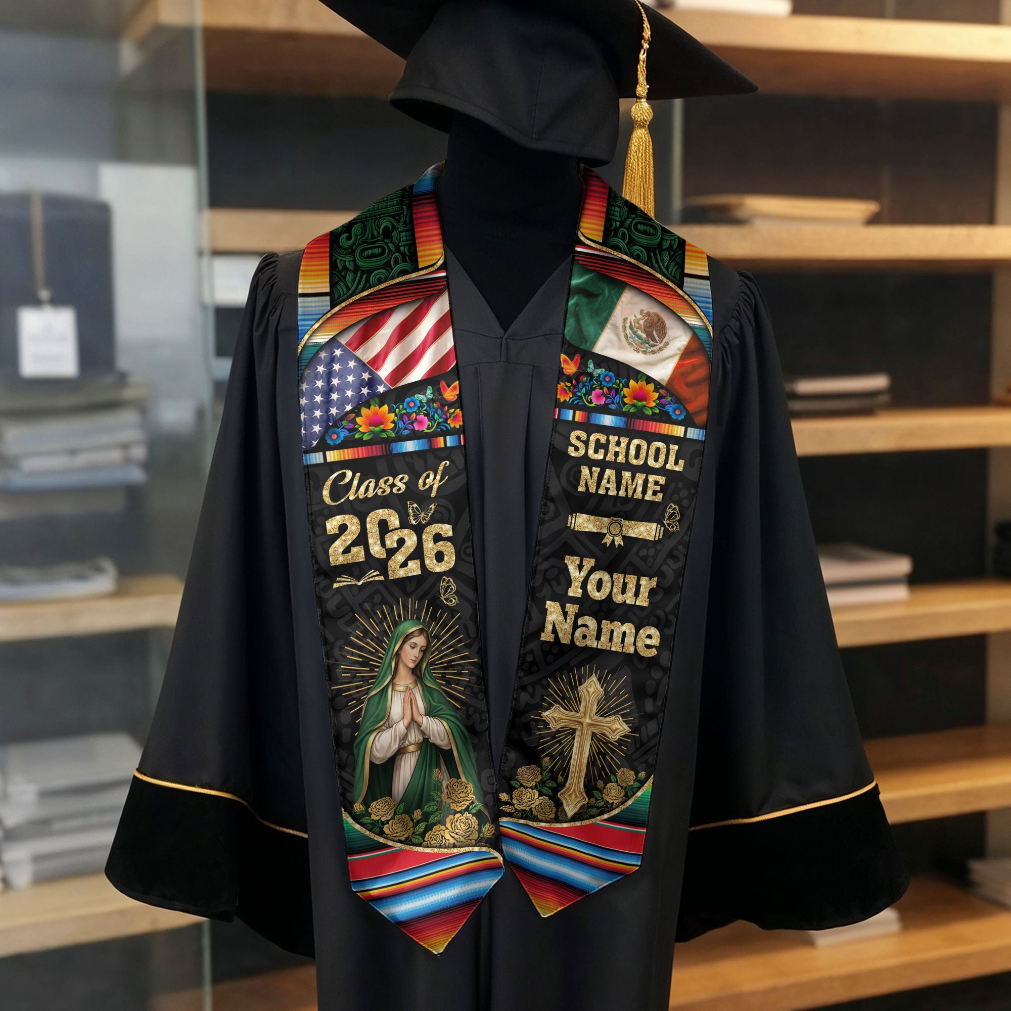 Custom Virgen de Guadalupe Class of 2026 Graduation Stole – USA & Mexico Flag Personalized Senior Sash