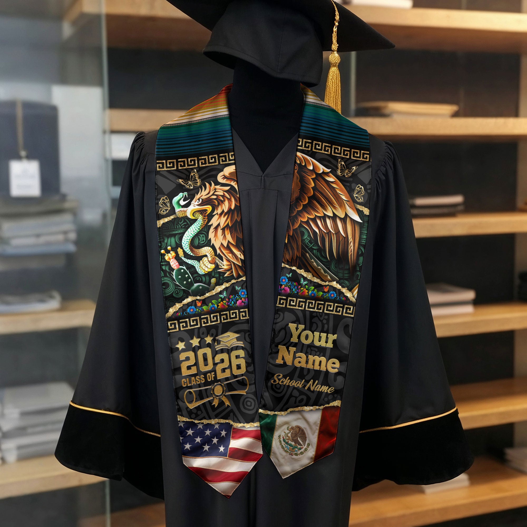 Custom Aztec Eagle Class of 2026 Graduation Stole – USA & Mexico Flag Personalized Senior Sash