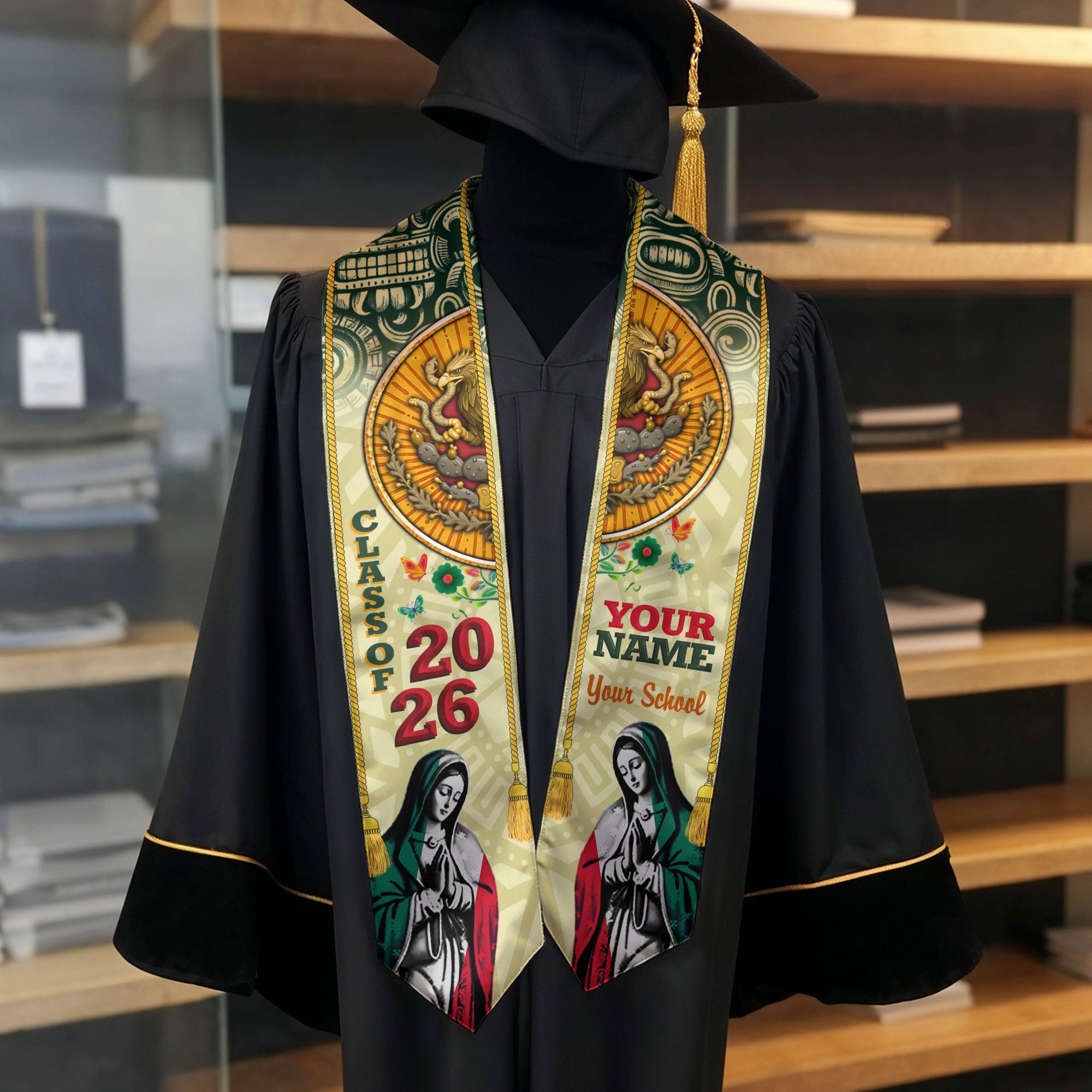 Custom Aztec Sun & Virgen Graduation Stole 2026 – Personalized Class of 2026 Senior Sash with School Name