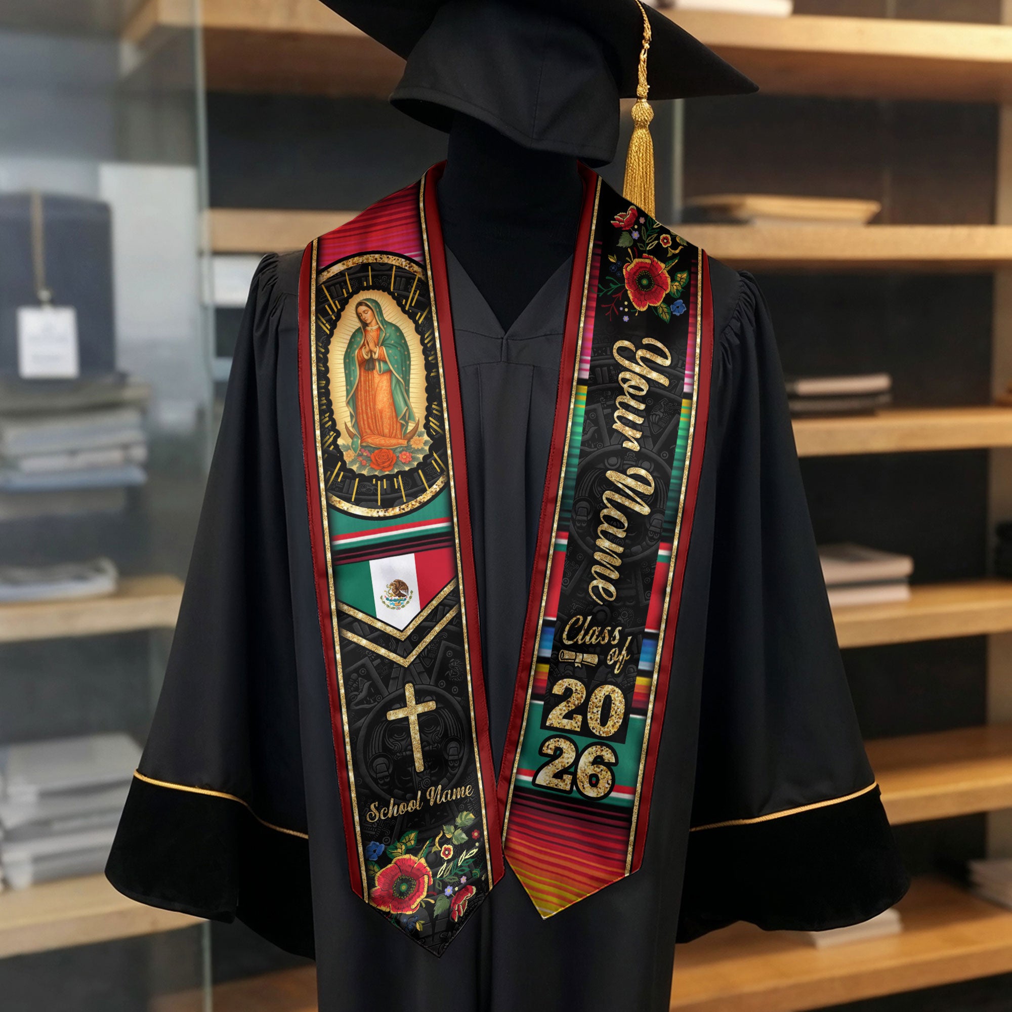 Custom Virgen de Guadalupe Christian Graduation Stole 2026 – Personalized Class of 2026 Senior Sash with Cross & Floral Design