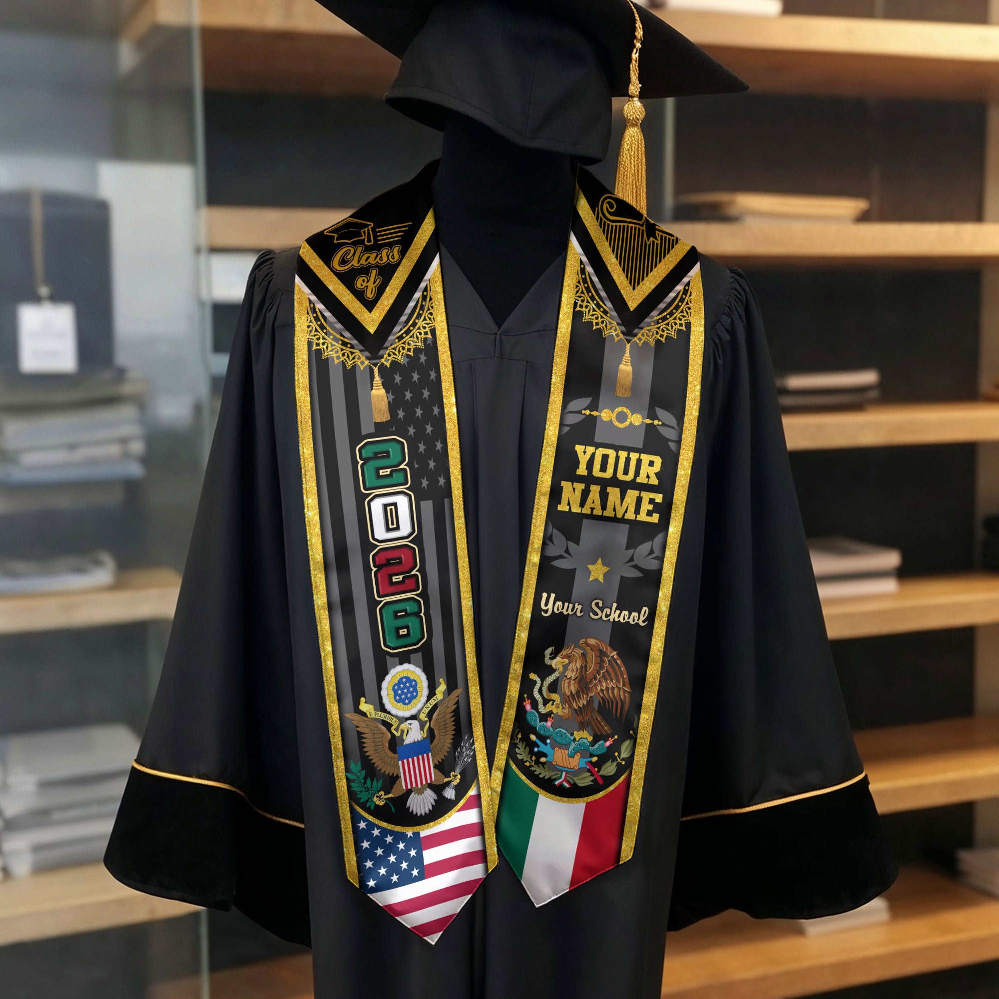 Custom USA Mexico Heritage Graduation Stole 2026 – Personalized Senior Sash with Eagle Crest & National Flag Design